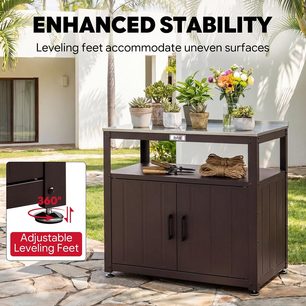 Feasto Outdoor Potting Bench with Storage Cabinet, Garden Work Bench & Potting Table, Stainless Steel Tabletop Potting Station for Patio Lawn Greenhouse Gardening