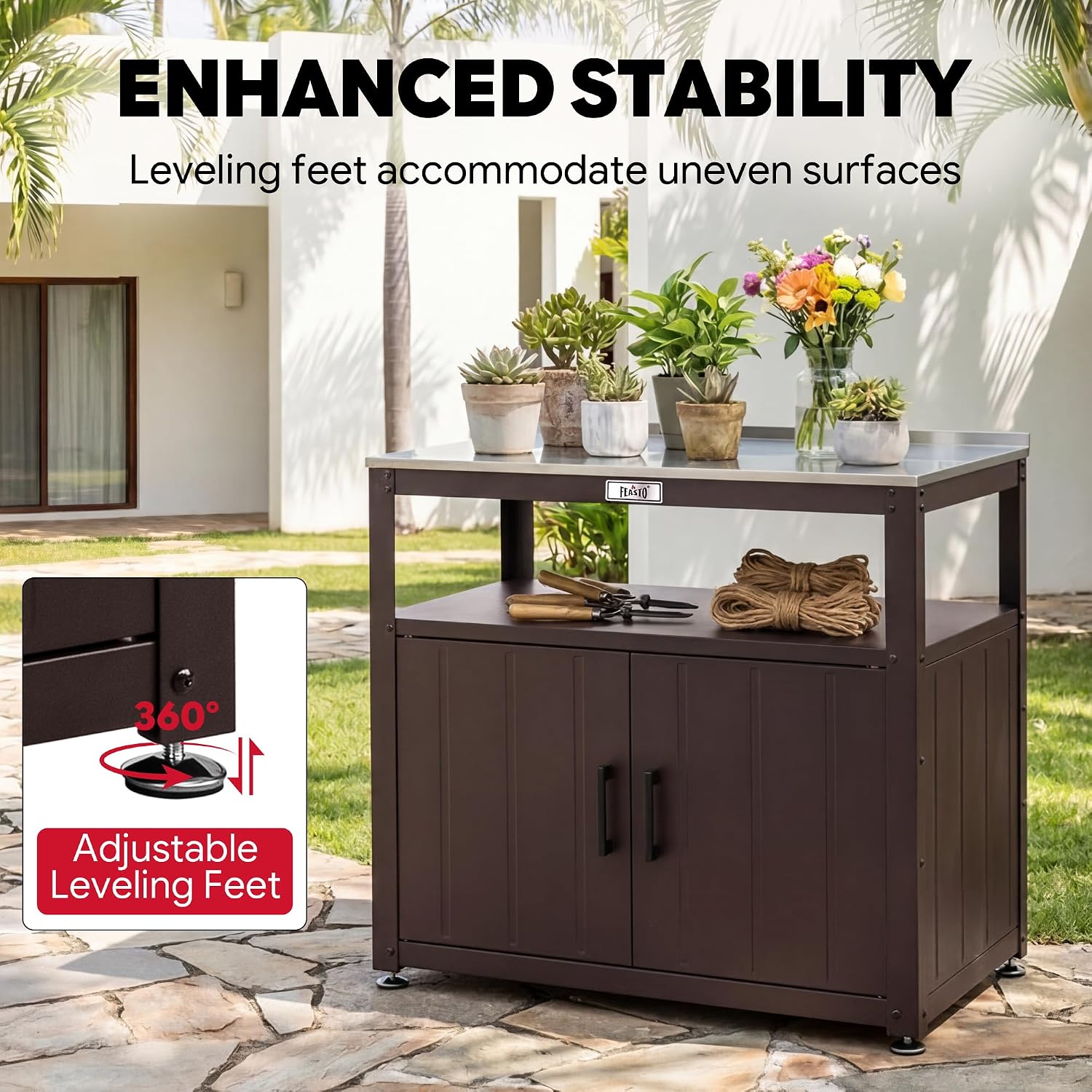 Feasto Outdoor Potting Bench with Storage Cabinet, Garden Work Bench & Potting Table, Stainless Steel Tabletop Potting Station for Patio Lawn Greenhouse Gardening