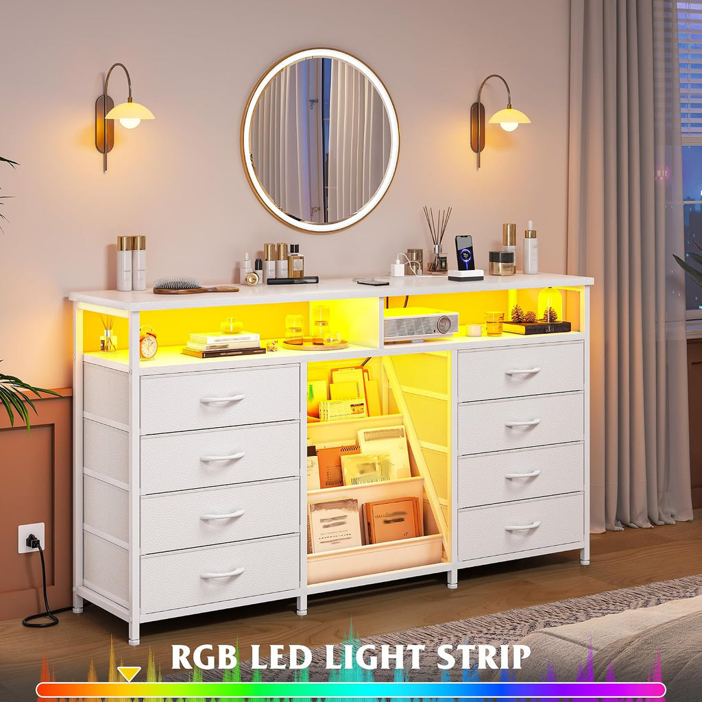 EnHomee 55 ' W Dresser for Bedroom with Bookrack & 8 Fabric Drawers, Dresser TV Stand with Power Outlet & LED Lights for 65 Inch TV, Chest of Drawers for Cabinet, Entryway, White
