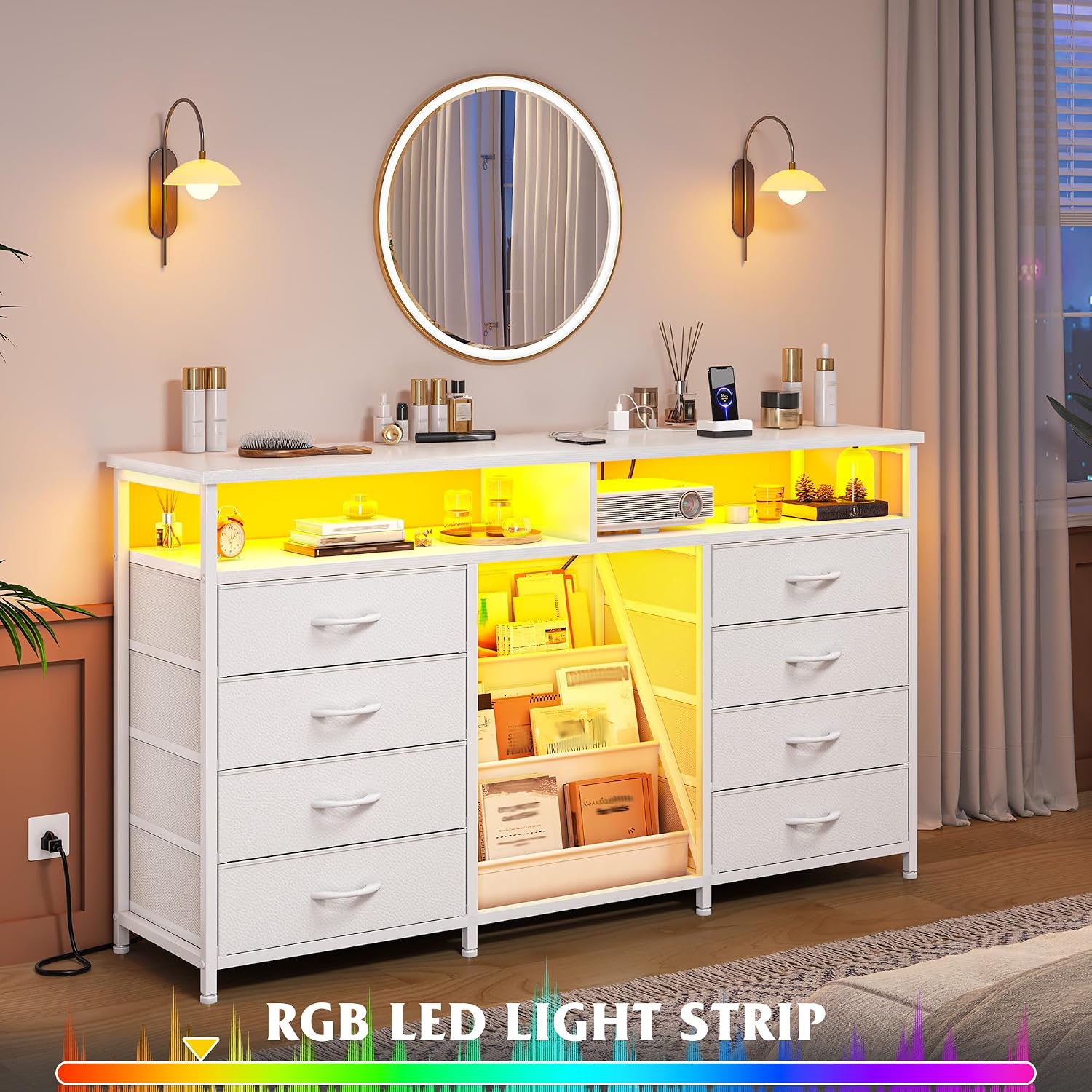 EnHomee 55 ' W Dresser for Bedroom with Bookrack & 8 Fabric Drawers, Dresser TV Stand with Power Outlet & LED Lights for 65 Inch TV, Chest of Drawers for Cabinet, Entryway, White