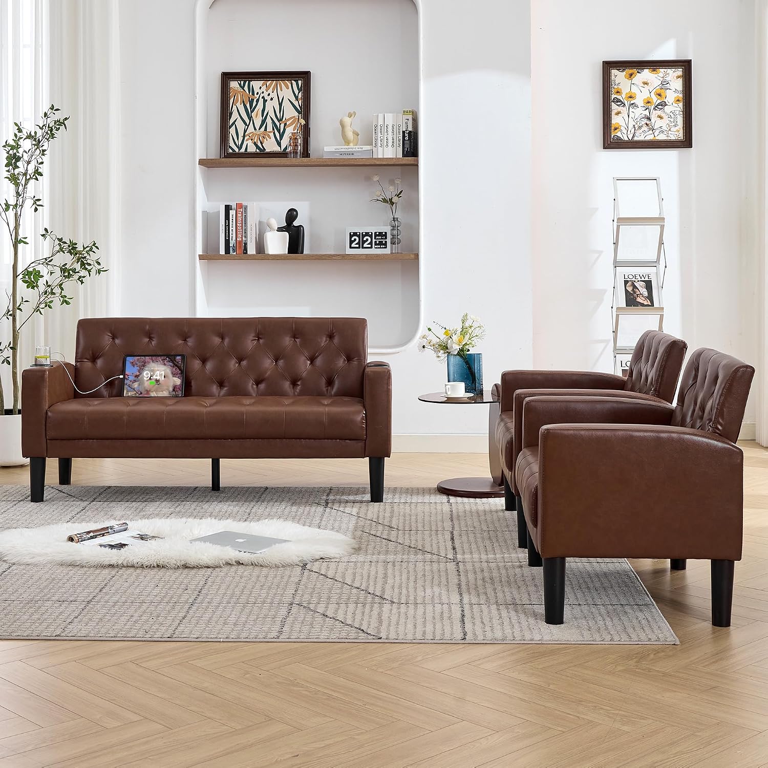 TYBOATLE 62' W Leather Loveseat w/Chairs, 3 Piece Sofa Sets for Living Room w/ 2 USB Charger Ports and 2 Cupholders, Living Room Furniture Sets of 3 (3, Brown)