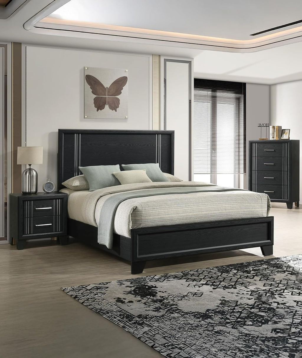 Contemporary 3pc Beautiful Charcoal Finish Full Size Panel Bed Wooden Bedroom Furniture Set