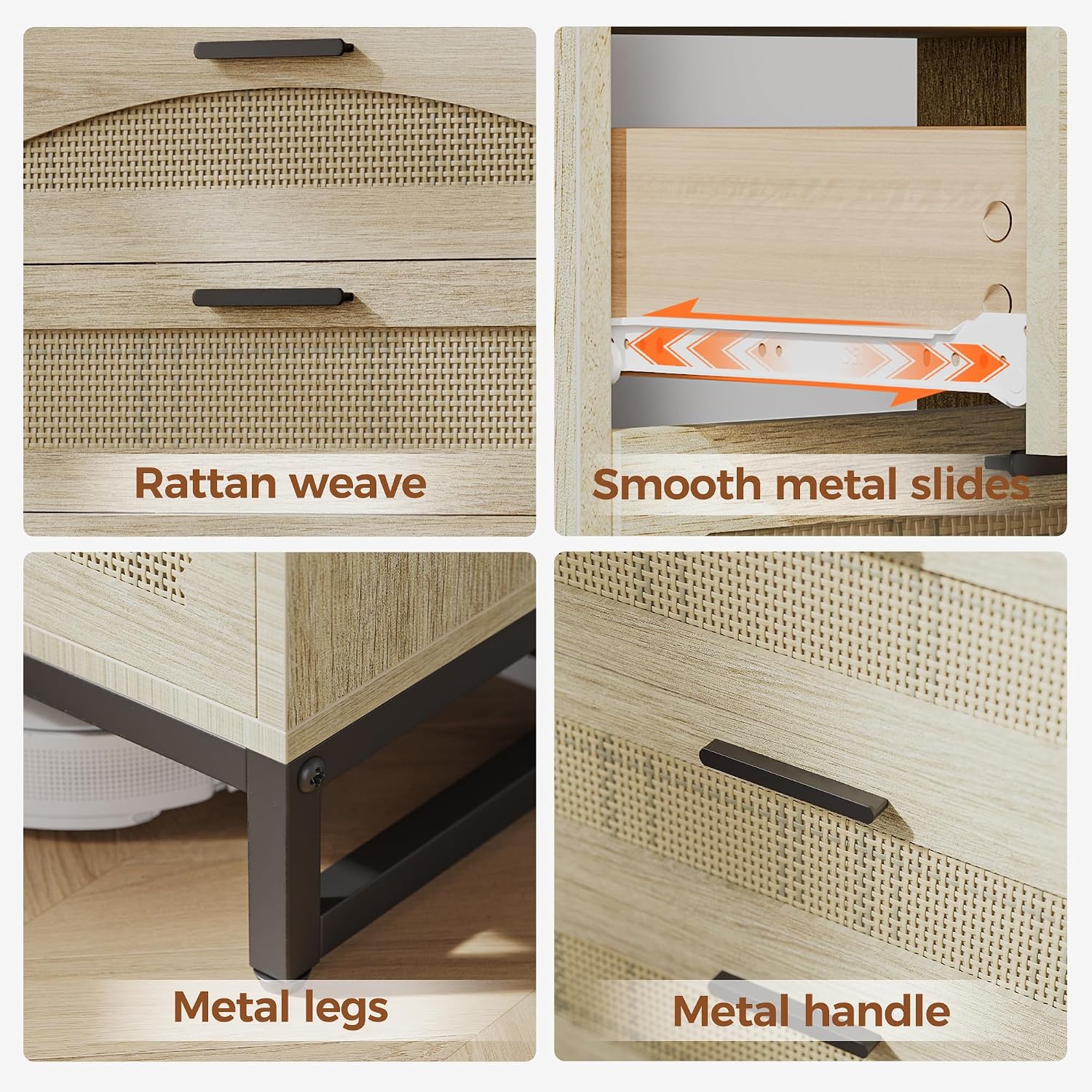 Mericonia 4 Drawer Rattan Dresser for Bedroom, Wood Tall Dresser for Closet with Metal Handles, Boho Nightstand Sets, Dressers & Chests of Drawers for Bedroom, Hallway and Entryway, Oak