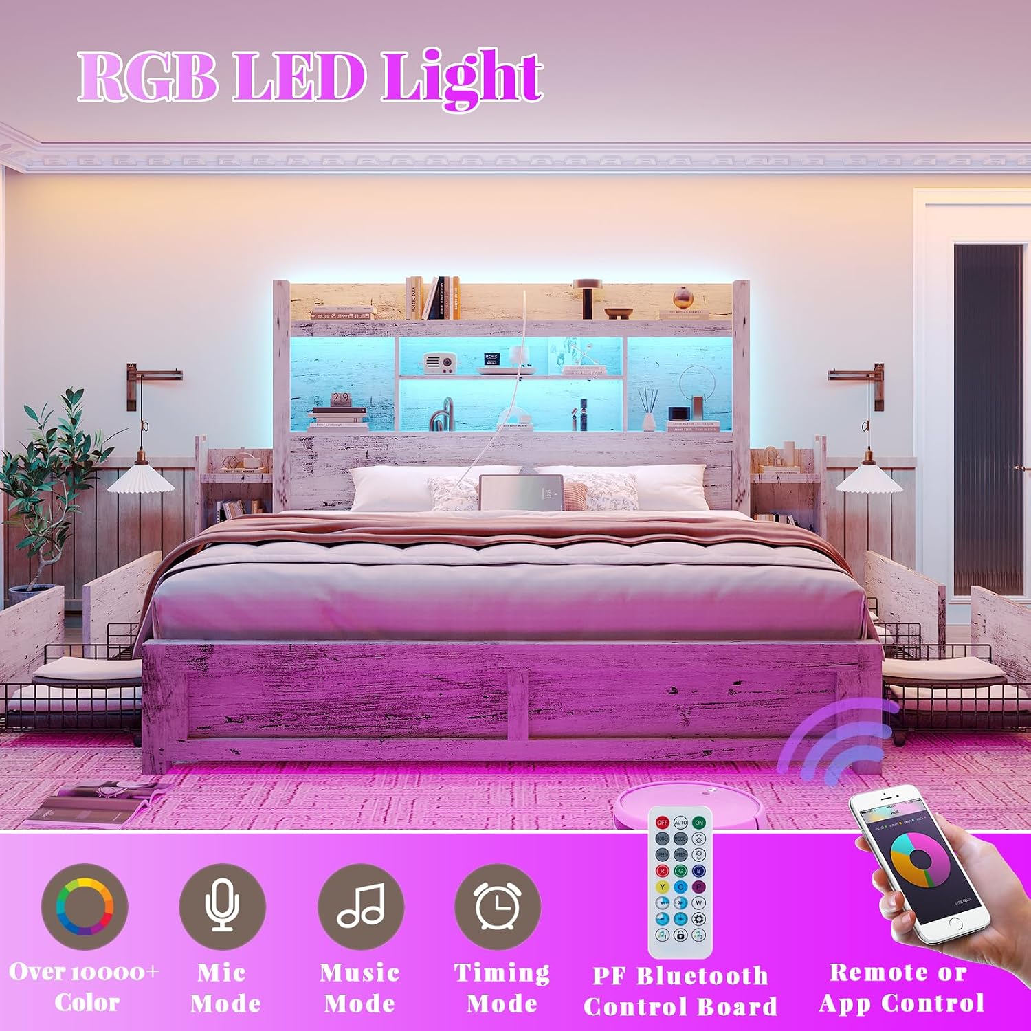 LUXOAK King Bed Frame with 49.6' Bookcase Headboard & 2 Bedside Stoage Racks & 4 Drawers, Farmhouse Wood Bed Frame with RGB LED & Charging Station, No Box Spring Needed, Distressed White