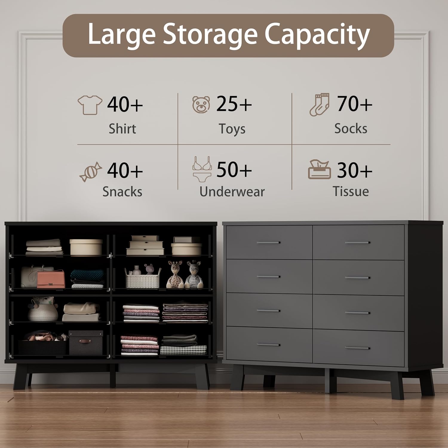 Xixini Dresser for Bedroom, 8 Drawer Wide Modern Chest of Drawers with X-Shaped Sturdy Base, Wood Double Dresser Closet Clothes Storage Organizer, Wooden TV Stand for Living Room, Hallway, Black