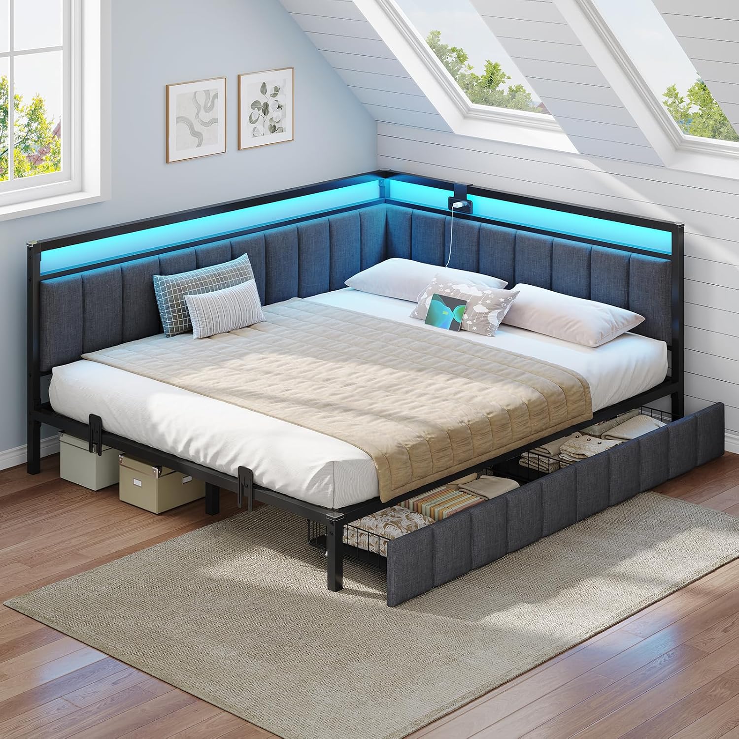 Hasuit Queen Corner Bed Frame with Storage Drawers, Queen Daybed with Line Fabric Upholstered Fence, Kids Bed Unit with LED Light and Charging Station, Modern Bed Frame Queen Size, Gray