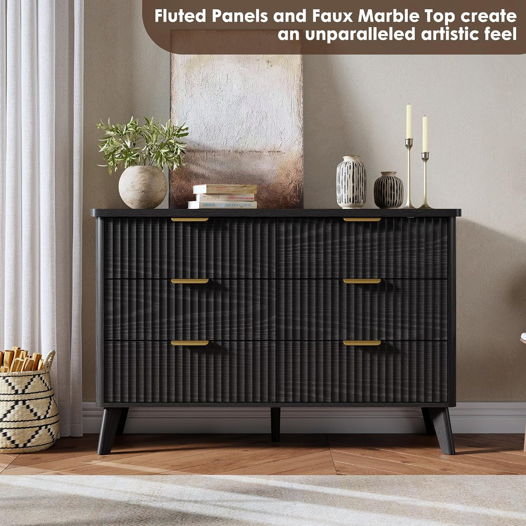 GarveeHome Fluted Dresser for Bedroom with 6 Deep Drawers, 47.2 in Wide Modern Chest of Drawers, Wooden Dresser TV Stand, Curved Profile Design, for Living Room, Kids Room, Hallway, Black