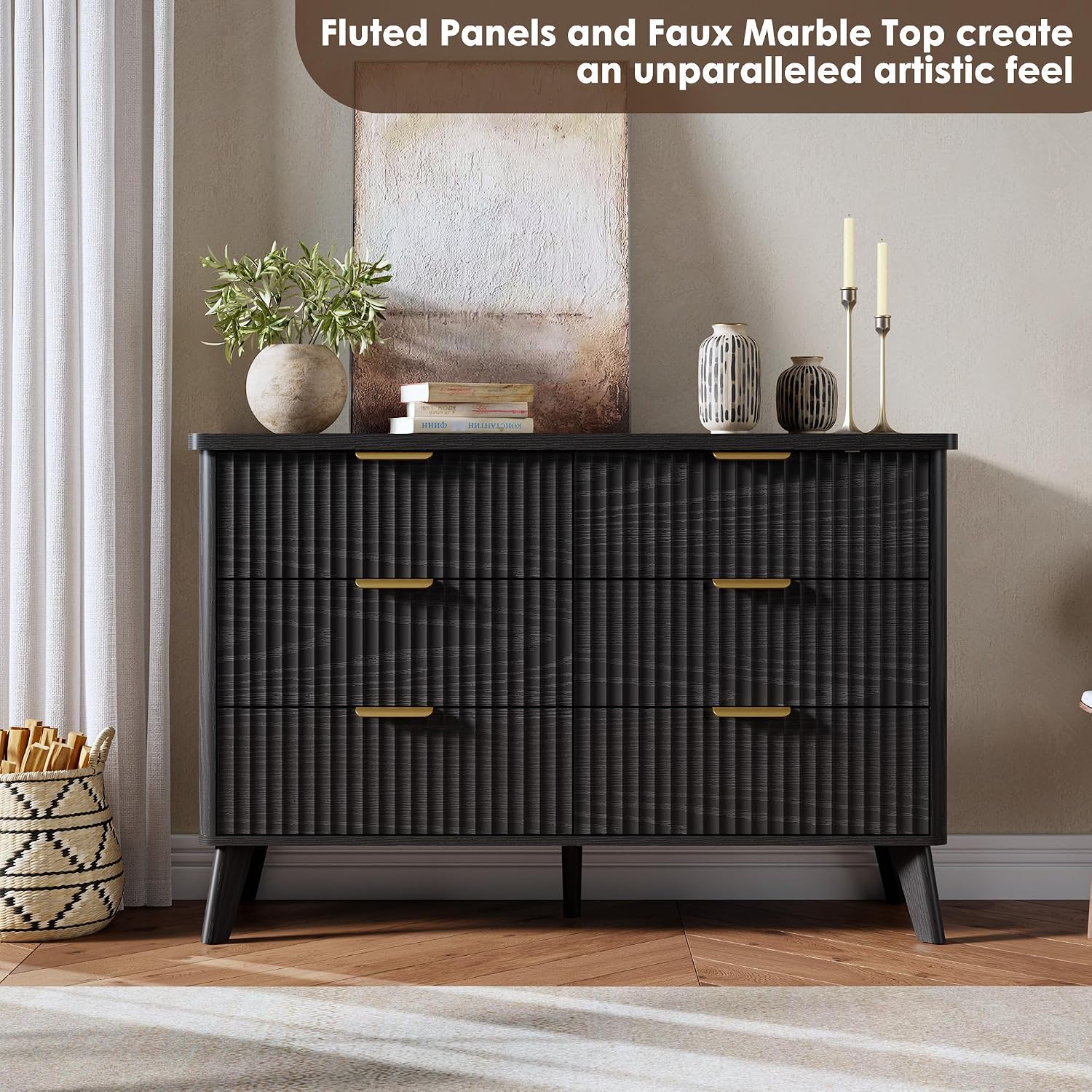 GarveeHome Fluted Dresser for Bedroom with 6 Deep Drawers, 47.2 in Wide Modern Chest of Drawers, Wooden Dresser TV Stand, Curved Profile Design, for Living Room, Kids Room, Hallway, Black