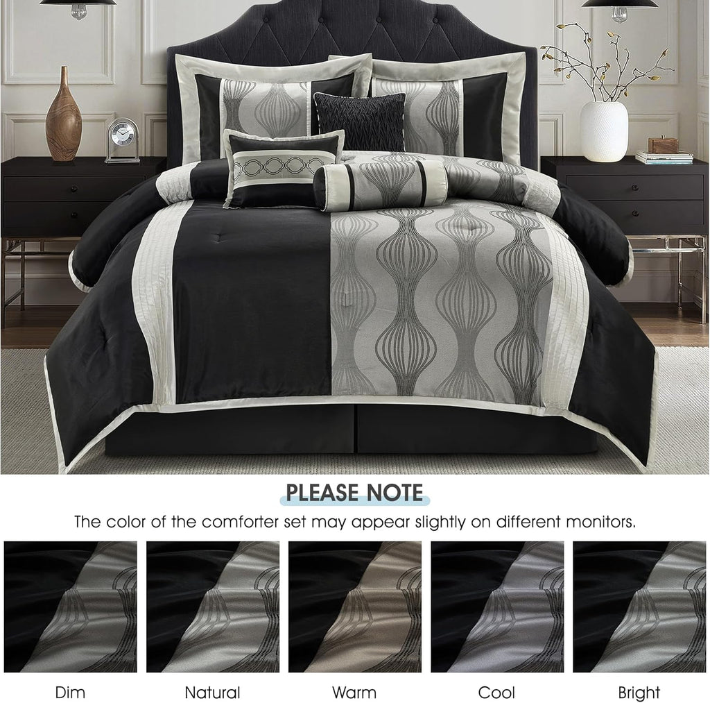 LANCO MODERN LIFESTYLE Queen Comforter Set, Black Silver, 7 Pieces Bed in a Bag, Soft Jacquard with Solid Piecework, Luxury Bed Set with Comforters, Bed Skirt, Pillow Shams and Decorative Pillows