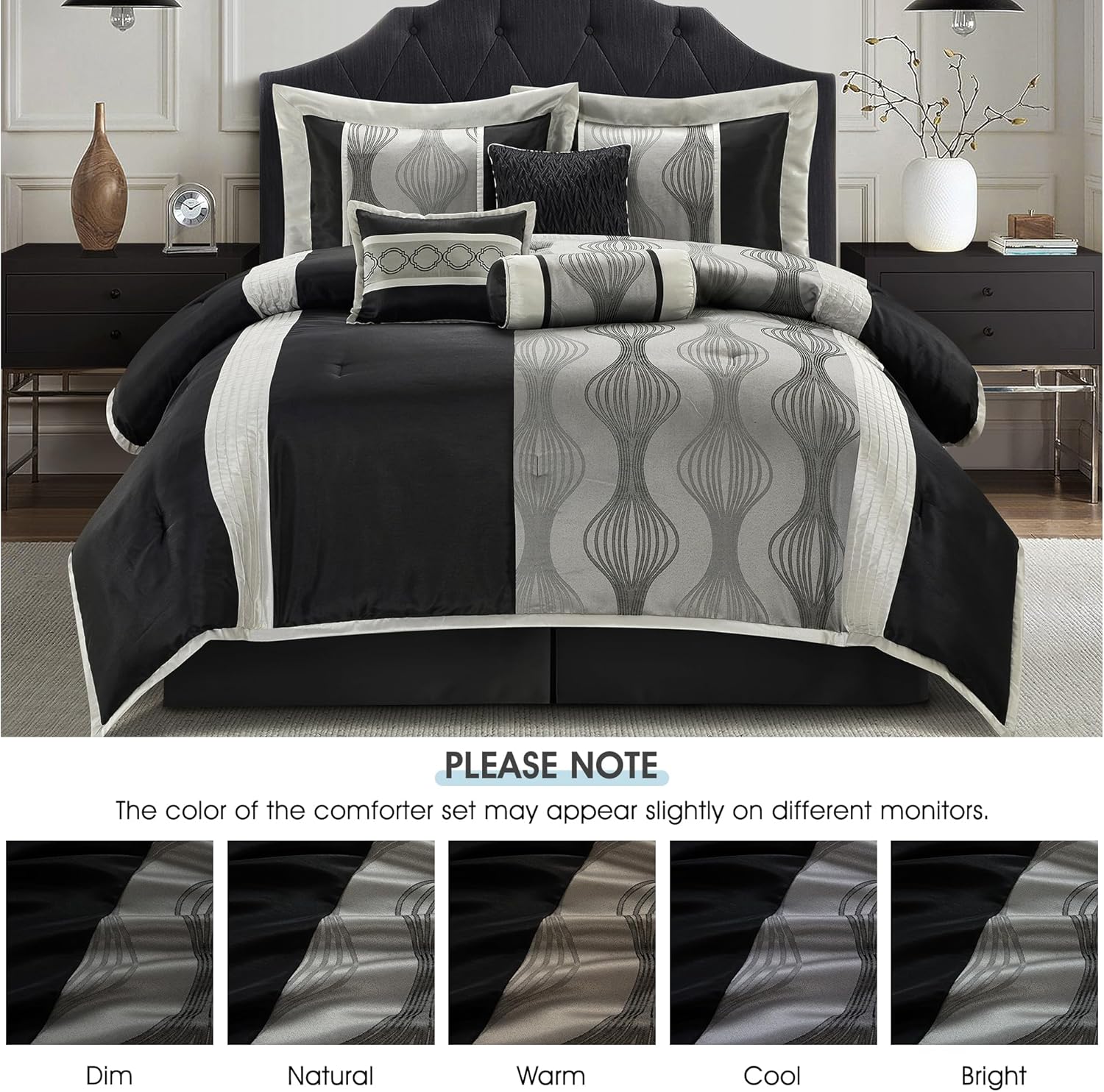 LANCO MODERN LIFESTYLE Queen Comforter Set, Black Silver, 7 Pieces Bed in a Bag, Soft Jacquard with Solid Piecework, Luxury Bed Set with Comforters, Bed Skirt, Pillow Shams and Decorative Pillows