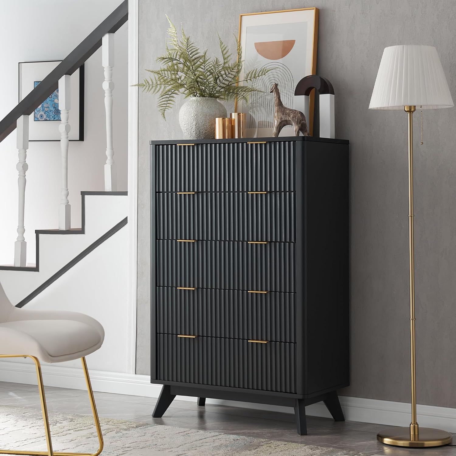 T4TREAM Fluted 5 Drawers Dresser, 48' Tall Modern Chest of Drawers with Faux Marble Top, Curved Profile Design, Wood Drawer Organizer for Bedroom, Living Room, Hallway, Entryway, Dark Grey