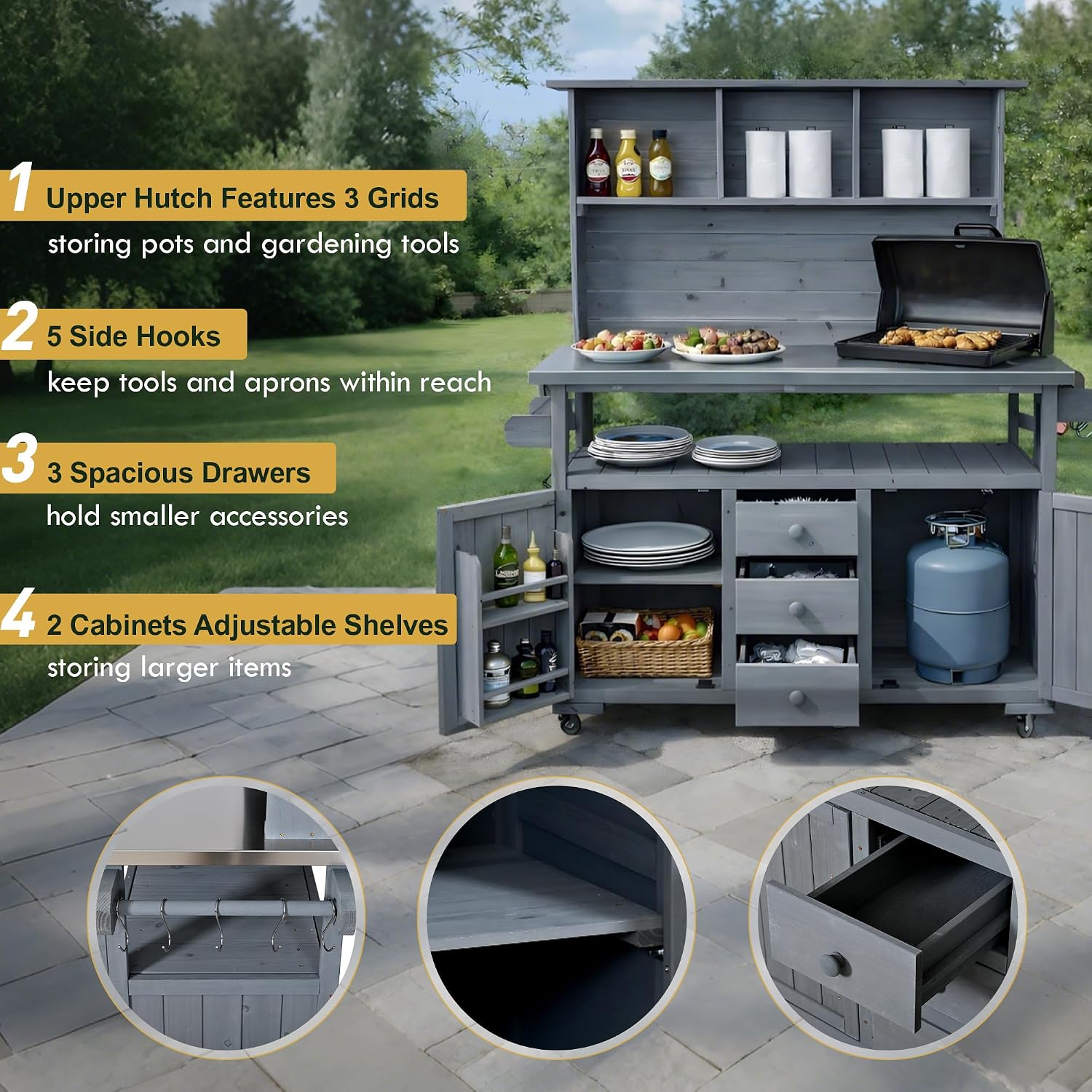 65' H Outdoor Potting Bench Table with Stainless Steel Top, Rolling Garden Potting Table with 3 Drawers and Hutch, Outdoor Kitchen Island on Wheels with Door Shelves for Grilling, Gray