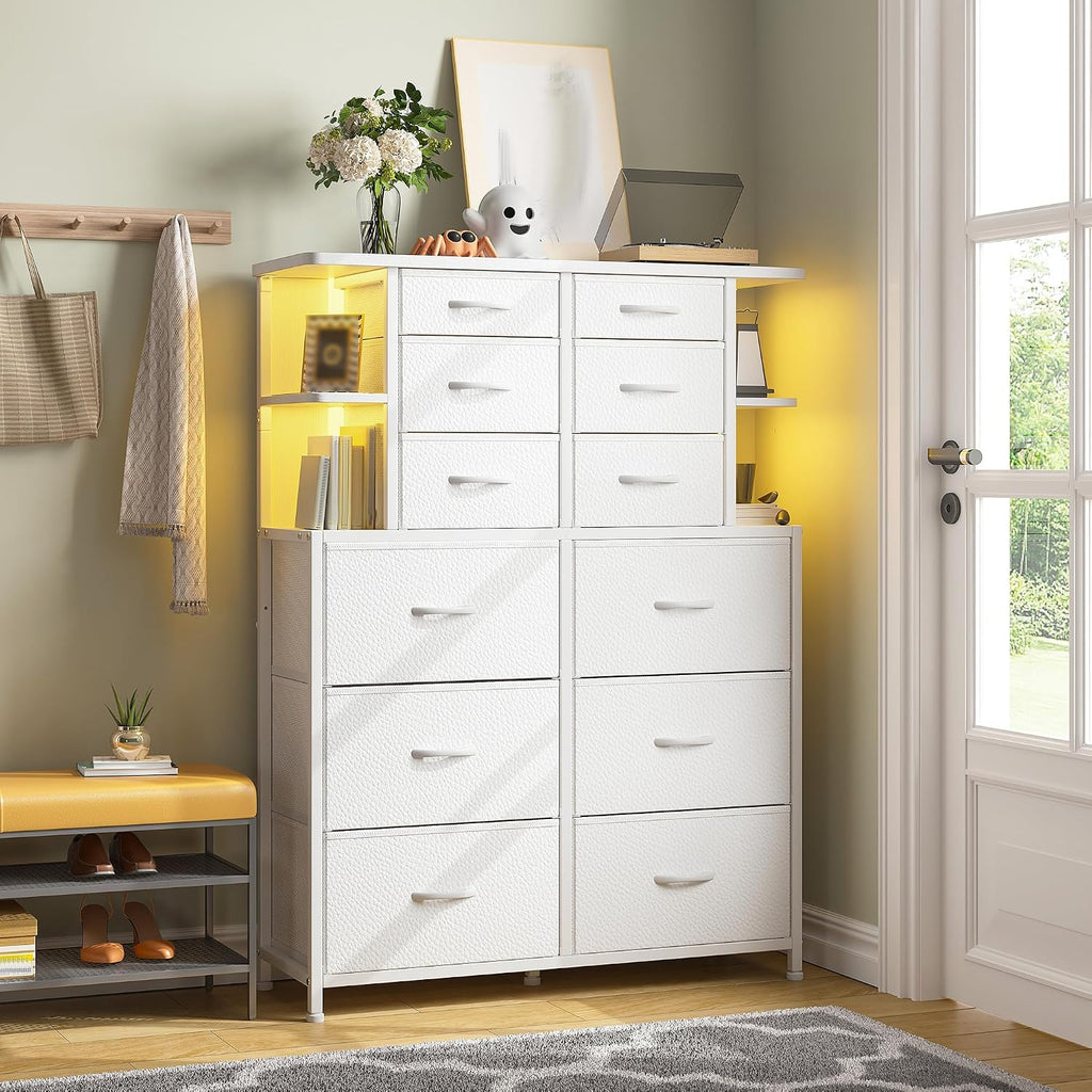 White Dresser for Bedroom with 12 Drawers & LED Lights,4 Open Storage Shelves, Fabric Dressers & Chests of Drawers for Living Room, Entryway, Dorm, Metal Frame, Wood Top,45.2' H x 35.4' W x 11.8' D