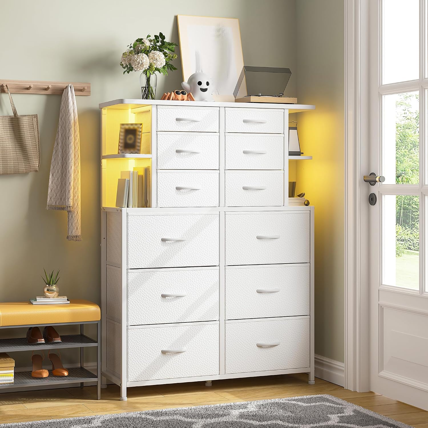 White Dresser for Bedroom with 12 Drawers & LED Lights,4 Open Storage Shelves, Fabric Dressers & Chests of Drawers for Living Room, Entryway, Dorm, Metal Frame, Wood Top,45.2' H x 35.4' W x 11.8' D