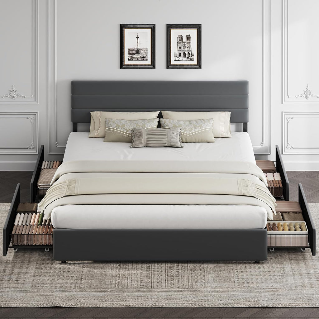 WLIVE King Size Upholstered Bed Frame with 4 Storage Drawers and Headboard, Velvet Platform Bedframe, Sturdy Metal & Wooden Slats Support, No Box Spring Needed, Easy Assembly, Dark Grey