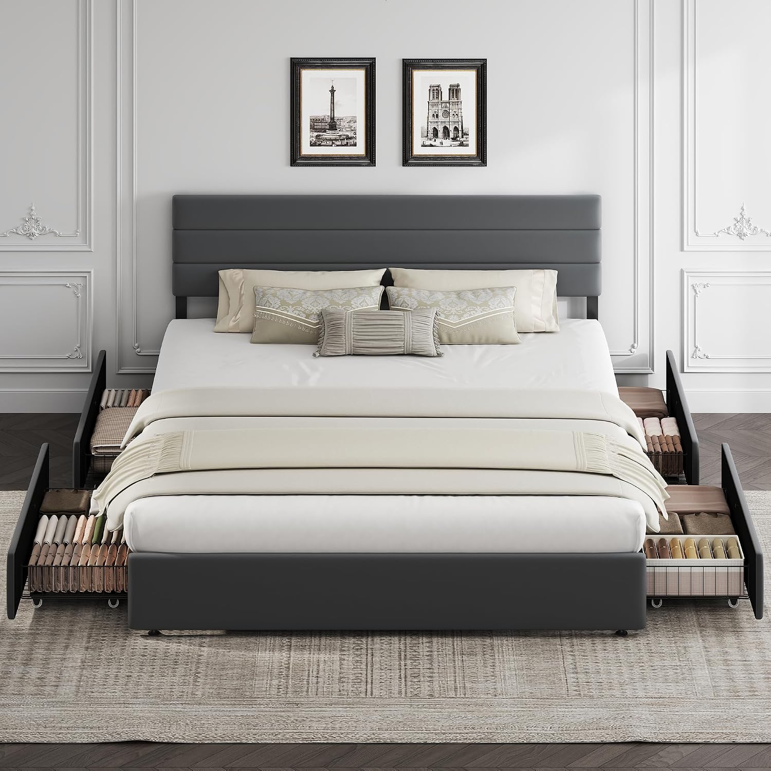 WLIVE King Size Upholstered Bed Frame with 4 Storage Drawers and Headboard, Velvet Platform Bedframe, Sturdy Metal & Wooden Slats Support, No Box Spring Needed, Easy Assembly, Dark Grey