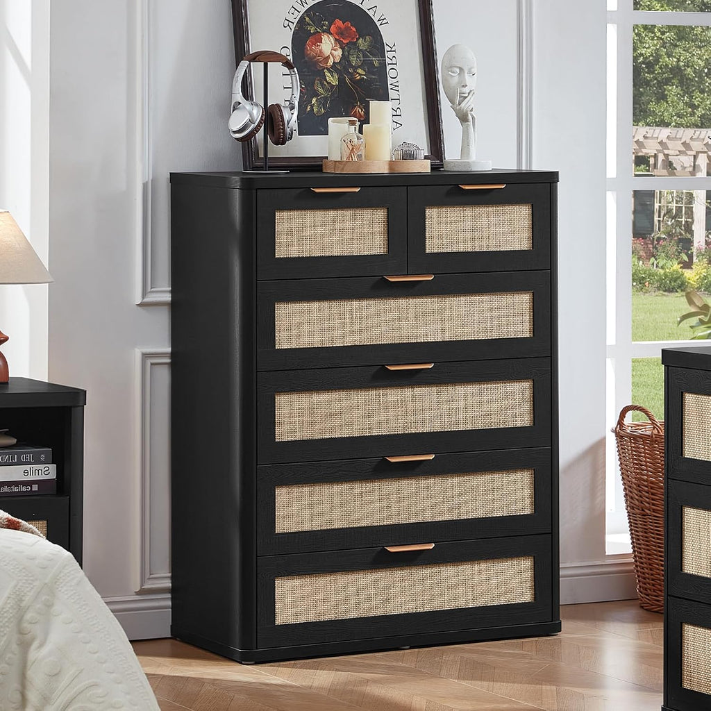 LEYAOYAO Rattan Dresser for Bedroom Set of 2, 42' Tall Chest of Drawers, Modern 6 Drawers Boho Dressers with Storage, Light Oak Dresser Wooden Closet Organizer for Living Room, Hallway, Black