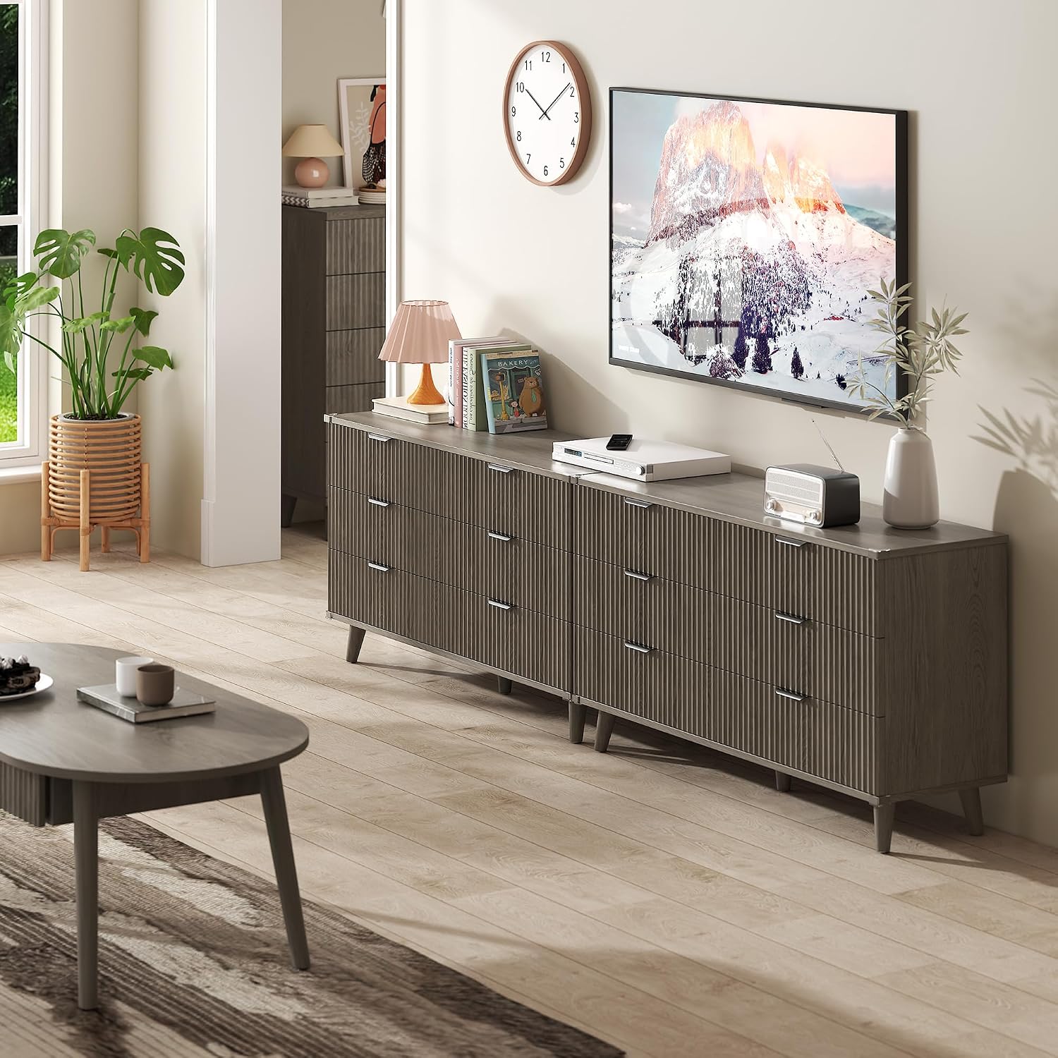 Lulive Wood Dresser for Bedroom with 6 Drawers, 53.2' Long Fluted Modern Chest of Drawers Storage Organizer, Dressers TV Stand for Living Room, Closet, Hallway (Dark Grey Oak)