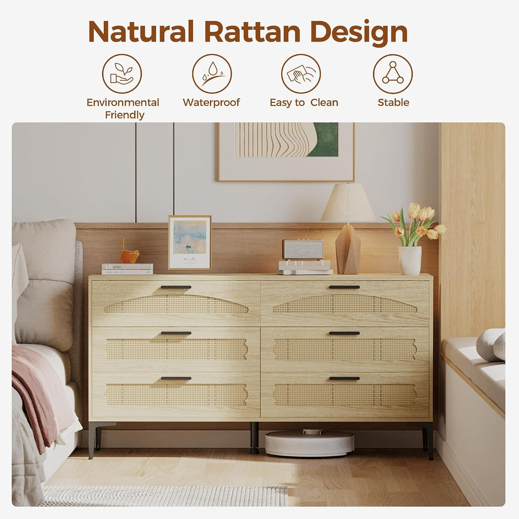 Mericonia 6 Drawer Double Dresser for Bedroom, Wood Rattan Dresser for Closet with Metal Legs, Boho TV Stand with Drawers, Dressers & Chests of Drawers for Bedroom, Hallway and Entryway, Oak