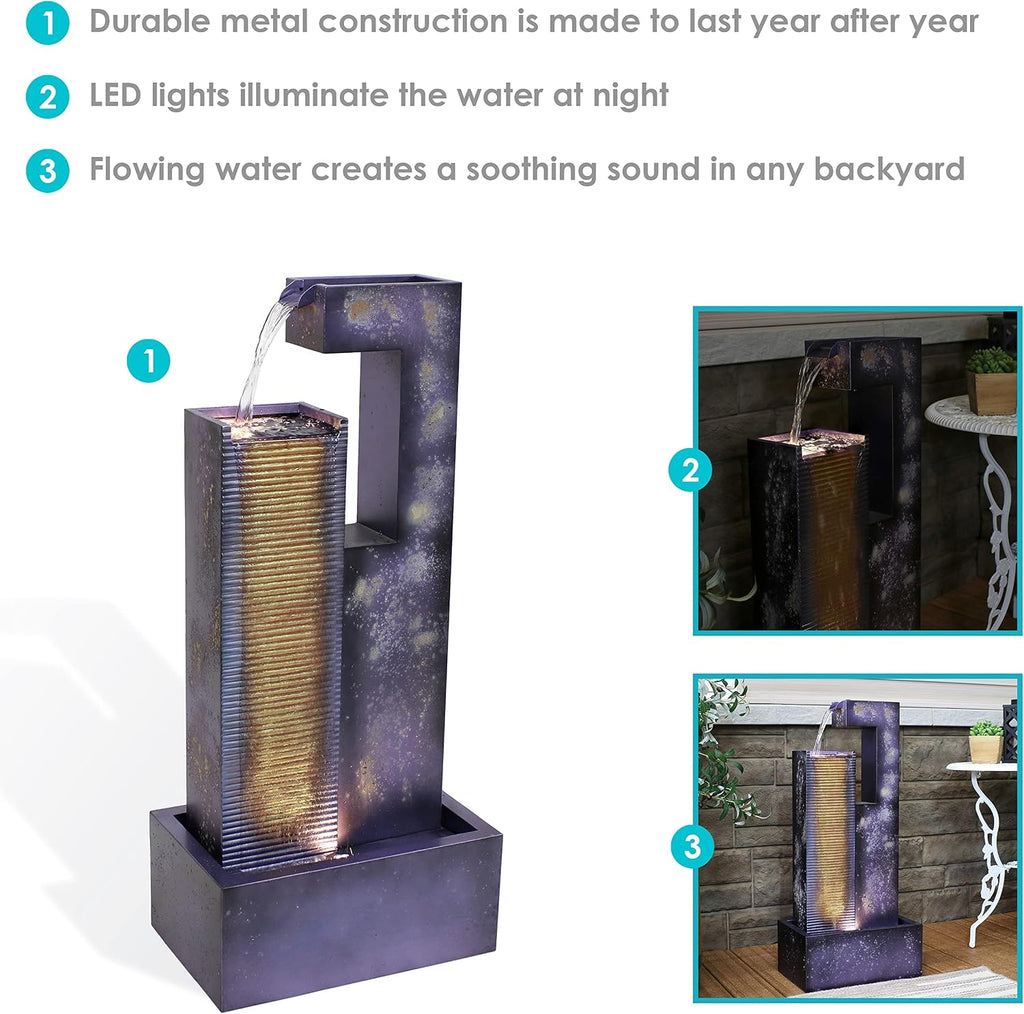 Sunnydaze Cascading Tower 32-Inch Outdoor Metal Fountain with LED Lights - Electric Submersible Pump with Adjustable Flow