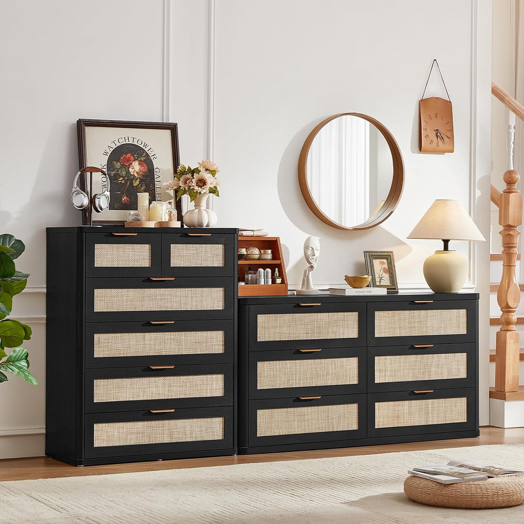 LEYAOYAO Rattan Dresser for Bedroom Set of 2, 42' Tall Chest of Drawers, Modern 6 Drawers Boho Dressers with Storage, Light Oak Dresser Wooden Closet Organizer for Living Room, Hallway, Black