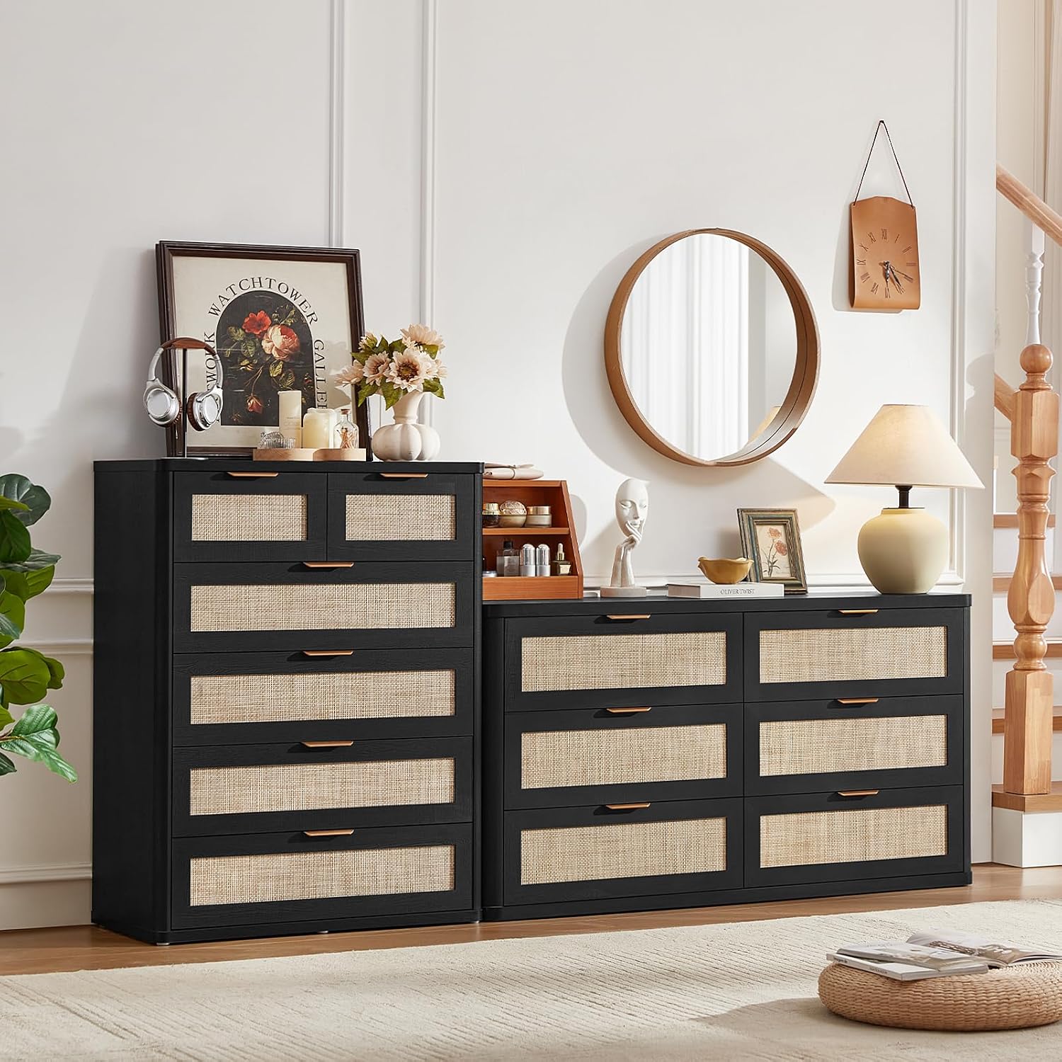 LEYAOYAO Rattan Dresser for Bedroom Set of 2, 42' Tall Chest of Drawers, Modern 6 Drawers Boho Dressers with Storage, Light Oak Dresser Wooden Closet Organizer for Living Room, Hallway, Black