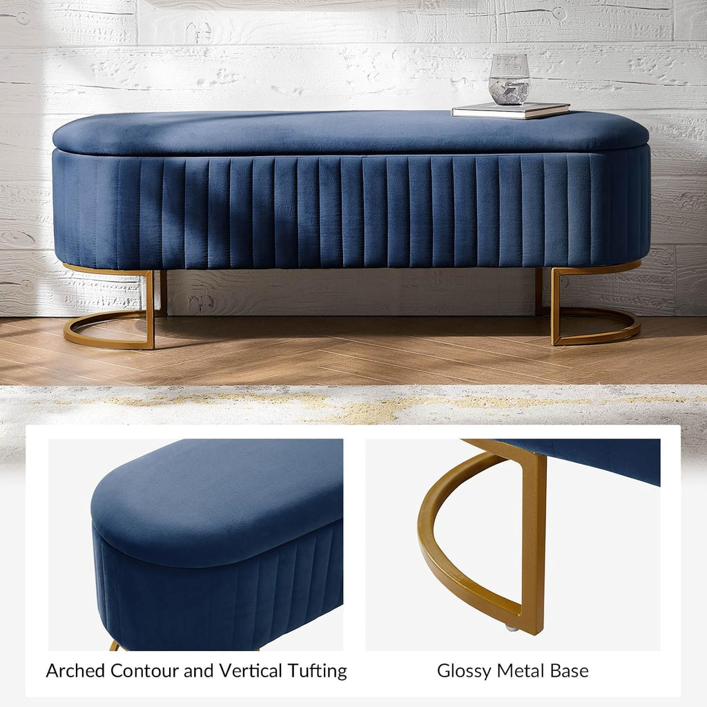 EcoHarbor Living 50.5' Velvet Bedroom Storage Bench Ottoman, Upholstered End of Bed Bench with Gold Legs, Flipping Lid Entryway Footrest Seat, Navy