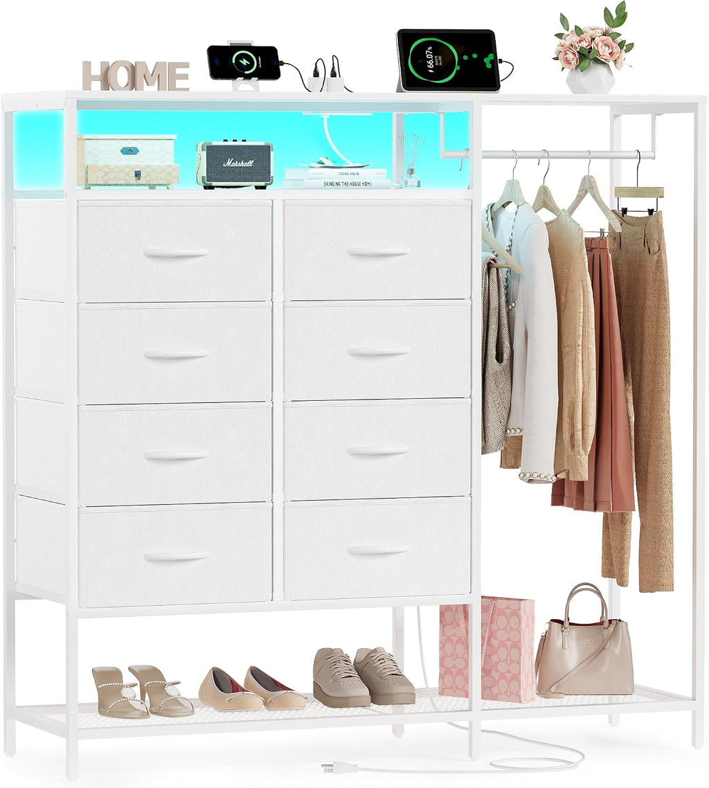 White Dresser for Bedroom with 8 Drawers, Bedroom Dressers with Hanging Rack, Clothes Storage Cabinet with Led Lights & Charging Station, 47 Inch Chest of Drawers with Shelves for Bedroom, Closet