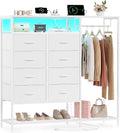 White Dresser for Bedroom with 8 Drawers, Bedroom Dressers with Hanging Rack, Clothes Storage Cabinet with Led Lights & Charging Station, 47 Inch Chest of Drawers with Shelves for Bedroom, Closet