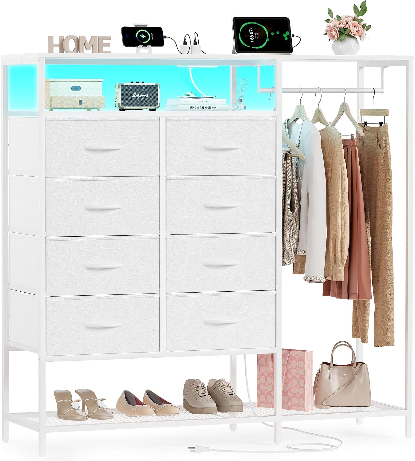 White Dresser for Bedroom with 8 Drawers, Bedroom Dressers with Hanging Rack, Clothes Storage Cabinet with Led Lights & Charging Station, 47 Inch Chest of Drawers with Shelves for Bedroom, Closet