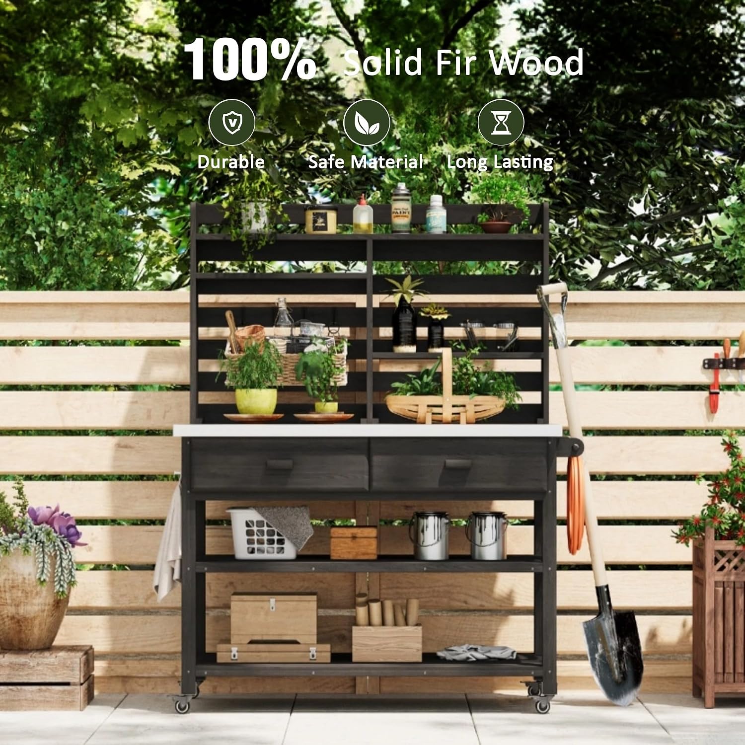 64.9' H Outdoor Potting Bench Table with Lockable Wheels, Solid Wood Outdoor Kitchen Island with Upper Hutch, Stainless Steel Top, Towel Rack,Outdoor Storage for Grilling, Lawn G Black