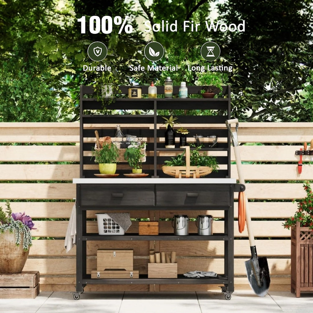 64.9' H Outdoor Potting Bench with Lockable Wheels, Solid Wood Outdoor Kitchen Island with Stainless Steel Top, Upper Hutch, Towel Rack & Storage for Grilling, Lawn & Garden (Black)