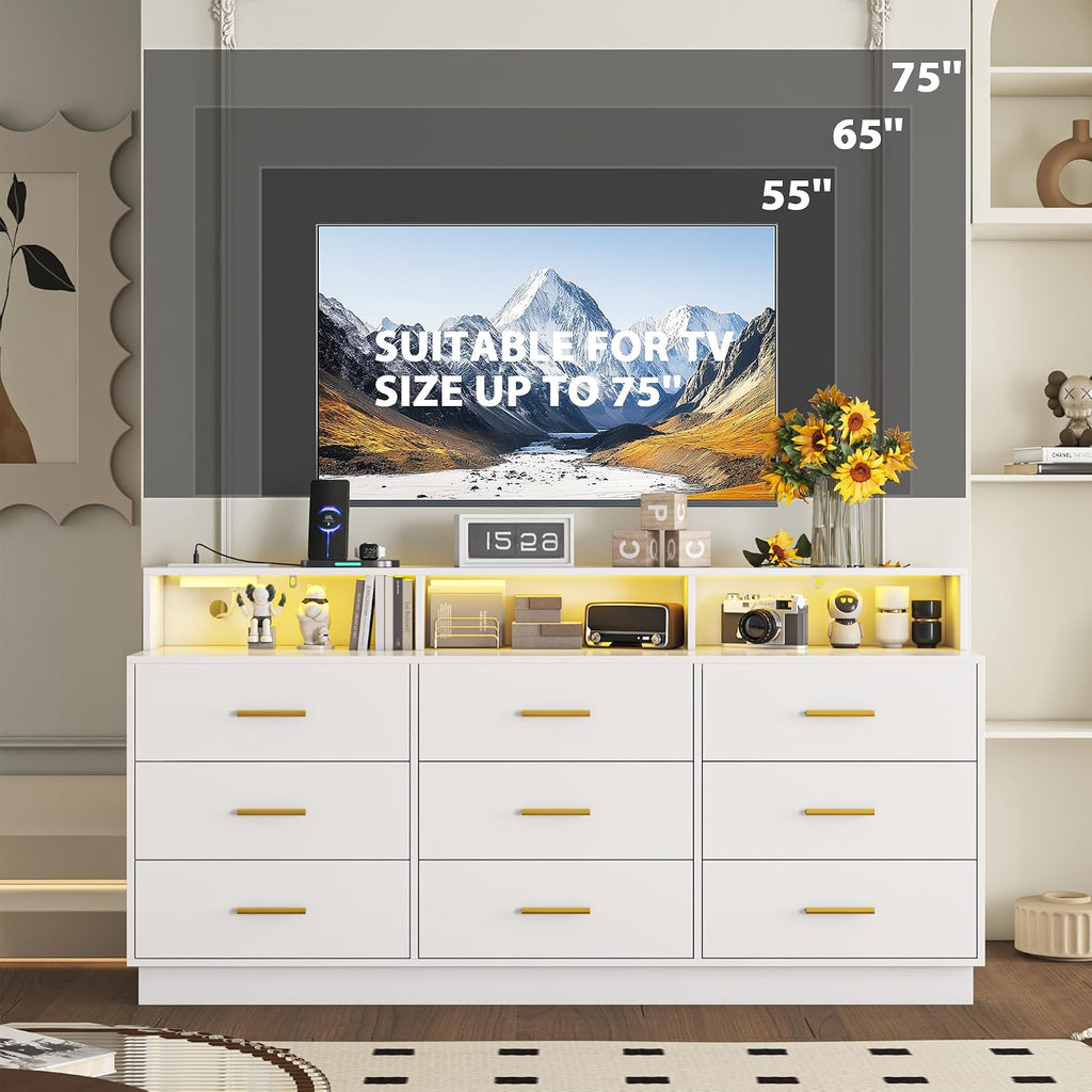 knoworld White 9 Drawer Dressers for Bedroom, Modern Large Dresser with LED Light and Power Outlet, Wooden Long Dresser, Triple Dressers for Bedroom, Entryway, Hallway