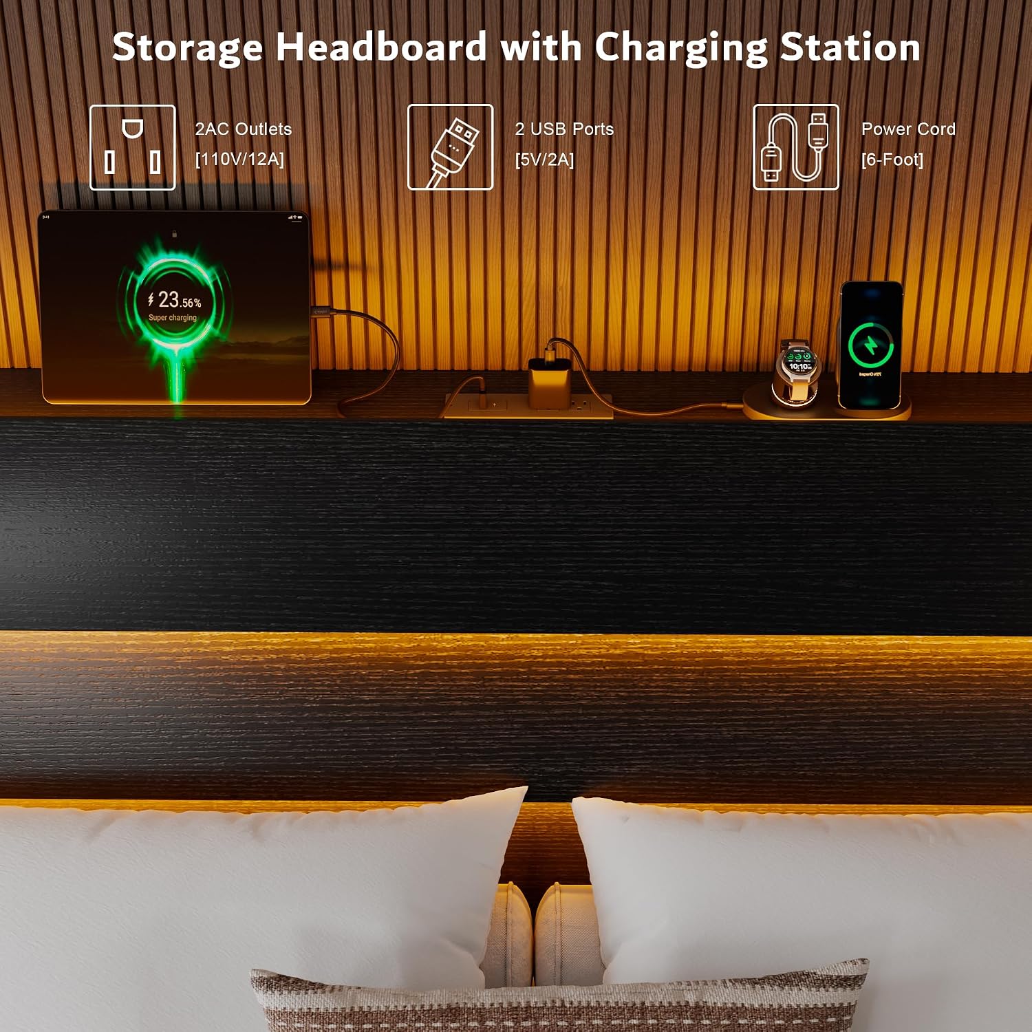 iPormis Floating Full Size Bed Frame with LED Lights & Charging Station, Platform Bed with Wooden Storage Headboard, Steel Slats Support, No Box Spring Needed, Easy Assembly, Noise-Free, Black