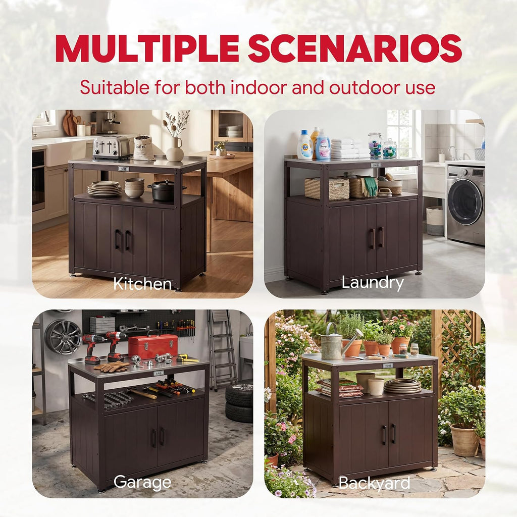 Feasto Outdoor Potting Bench with Storage Cabinet, Garden Work Bench & Potting Table, Stainless Steel Tabletop Potting Station for Patio Lawn Greenhouse Gardening