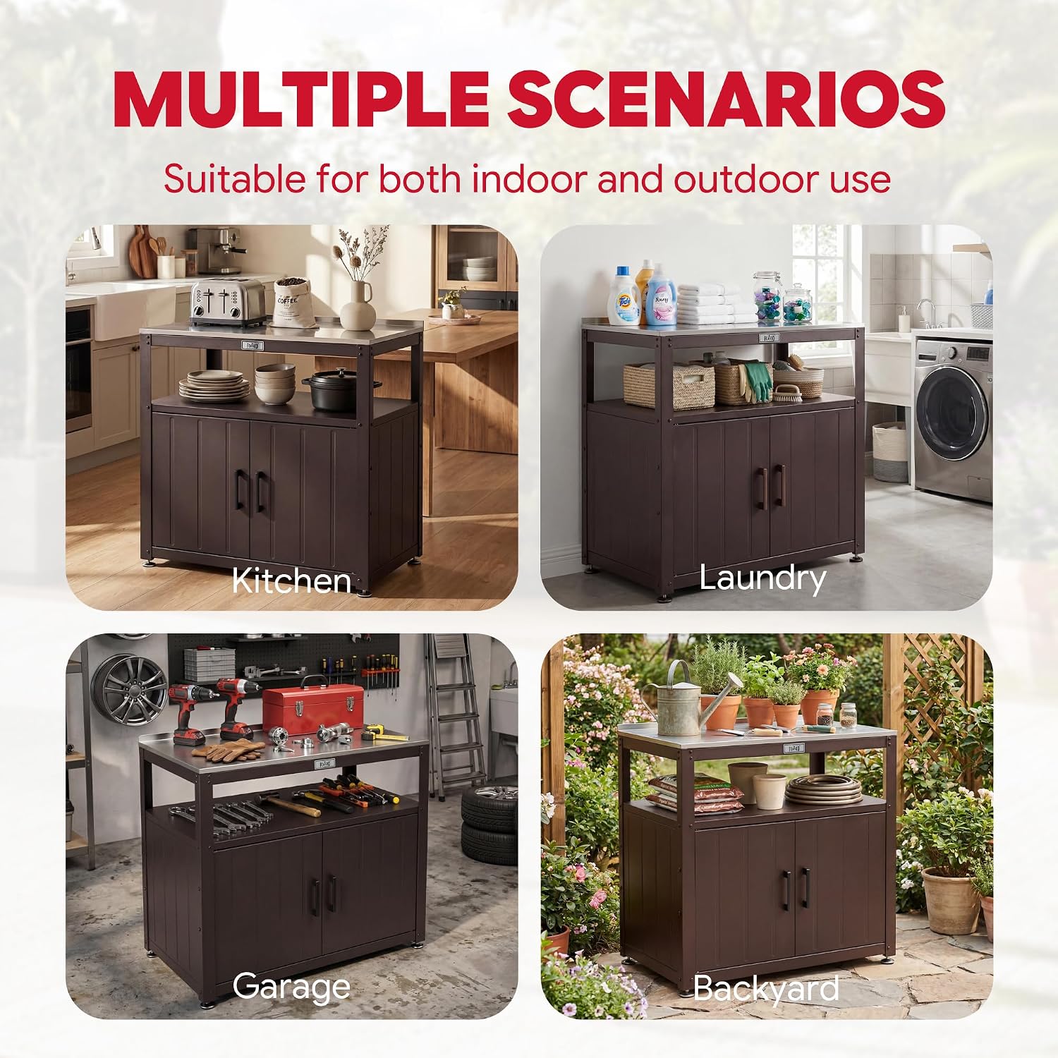 Feasto Outdoor Potting Bench with Storage Cabinet, Garden Work Bench & Potting Table, Stainless Steel Tabletop Potting Station for Patio Lawn Greenhouse Gardening