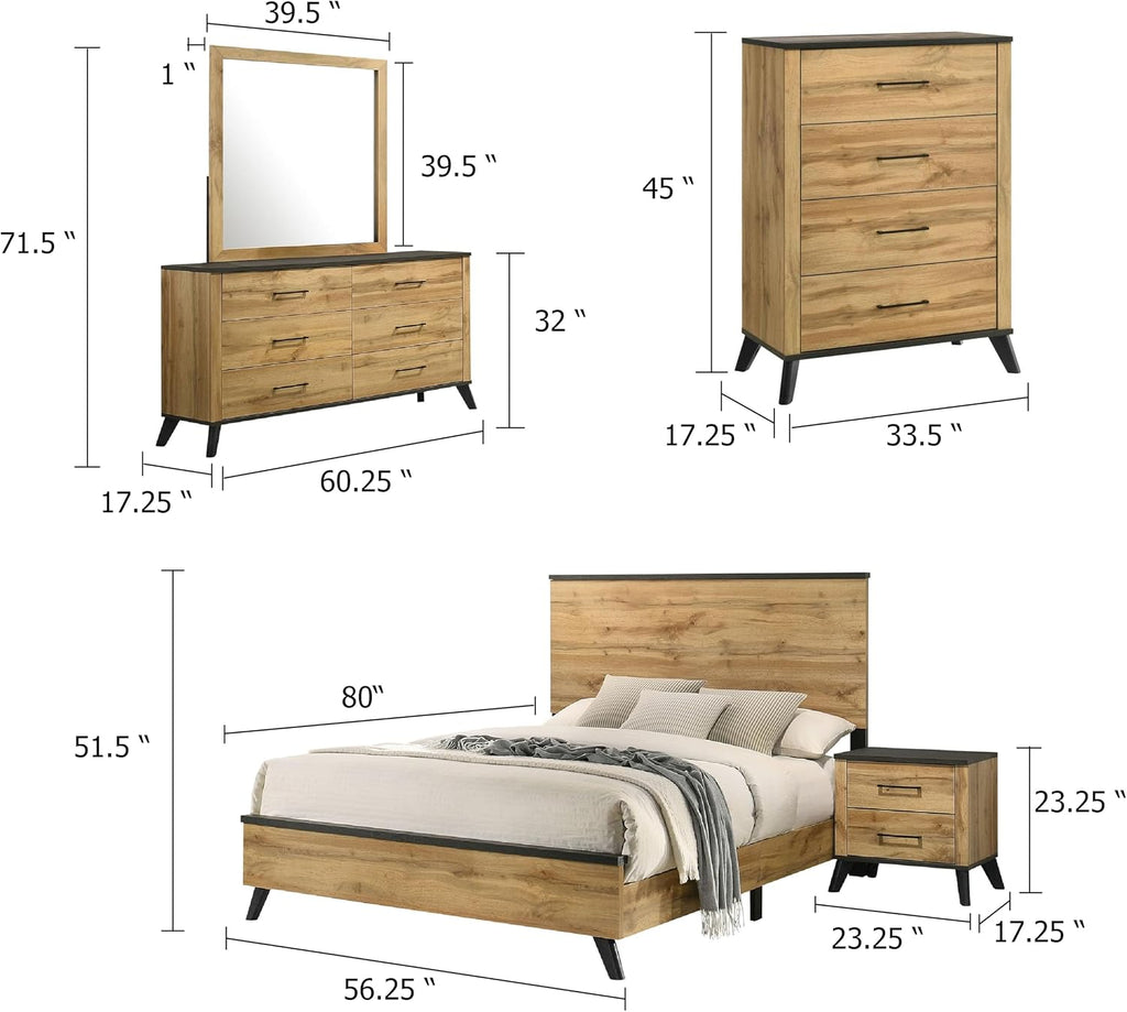 Benzara Wemy 5 Piece Full Size Bed Set, Rustic Brown Pine Wood, Tapered Legs