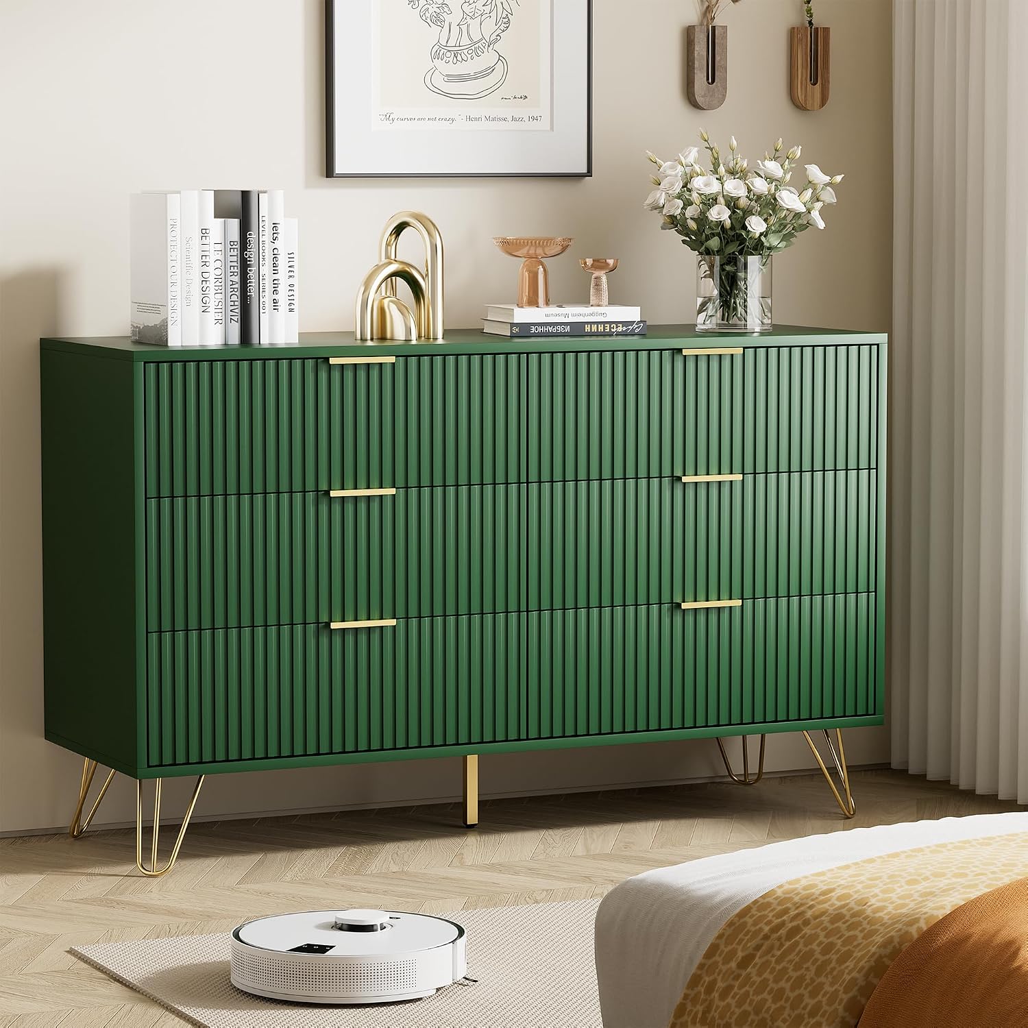 Furniway Green Dresser for Bedroom, Modern Dresser with Gold Metal Handles & Chests of Drawers for Bedroom, 15.7' D x 47.2' W x 29.5' H