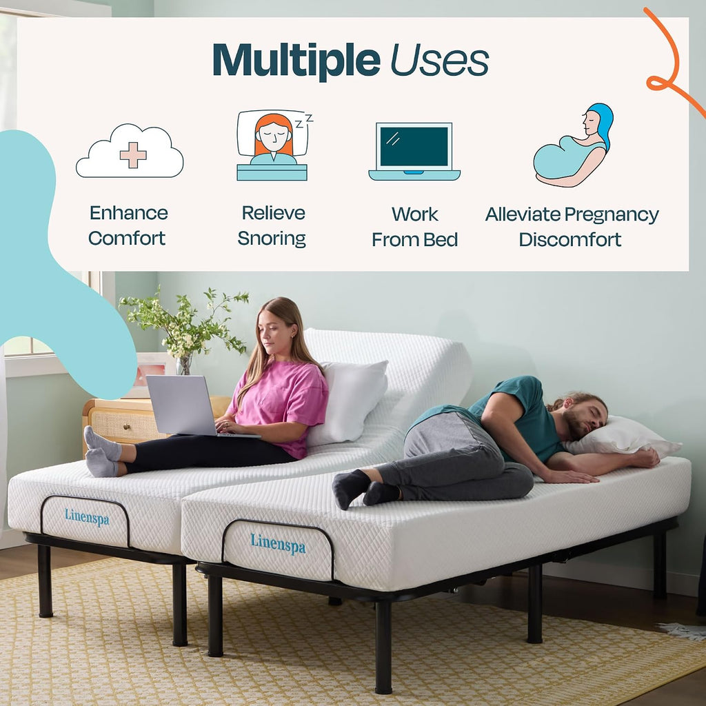 Linenspa Adjustable Bed Frame - Independent Head and Foot Incline - Powerful Quiet Motor - Easy Toolless Assembly - Lounging - TV - Working - Reading - Ergonomic - Electric Bed Base - Twin XL Size