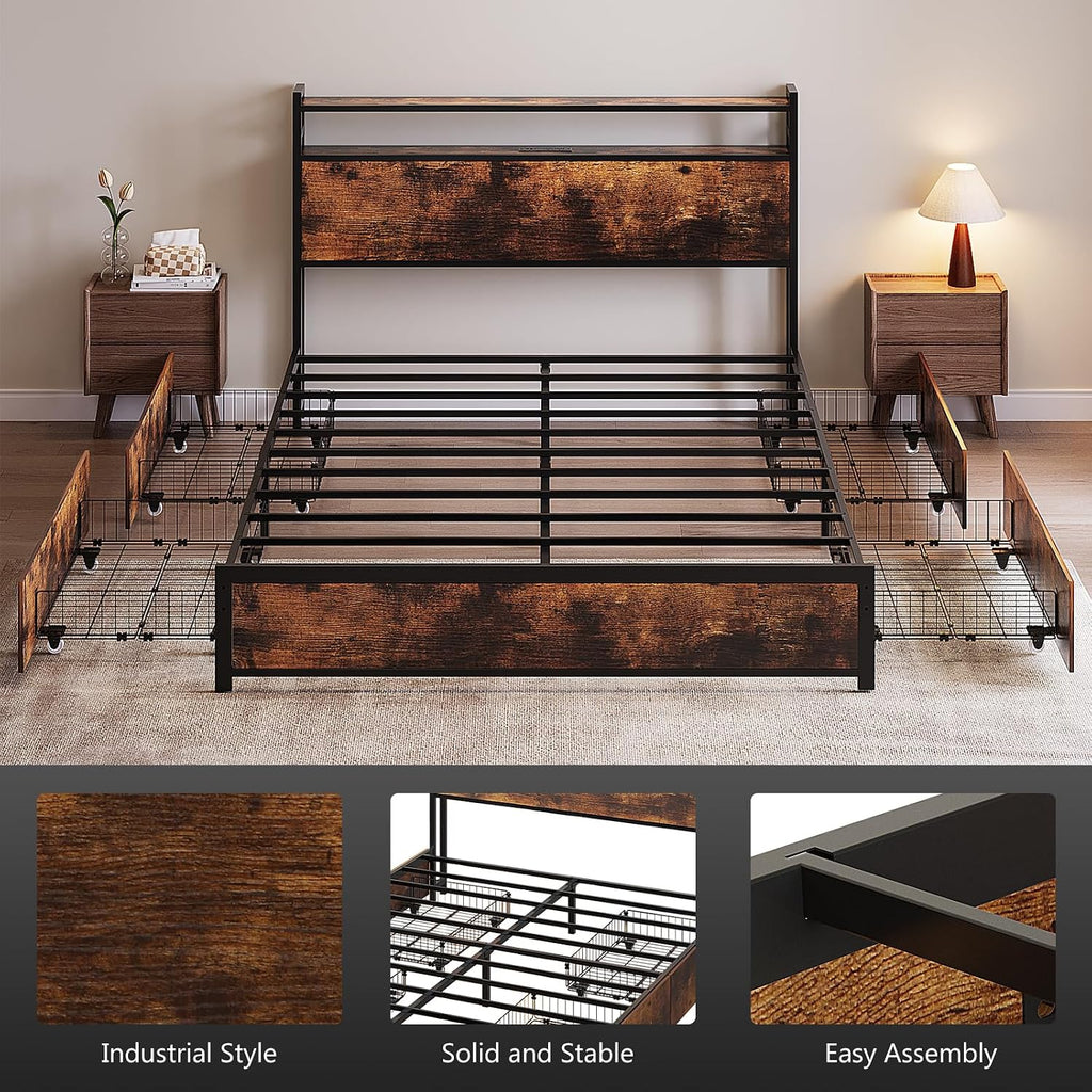 VINGLI Full Platform with 4 Storage Drawers and Headboard, Metal Double Bed with Charging Station and LED Lights, No Box Spring Needed, Noise Free, Easy Assembly, Vintage Brown
