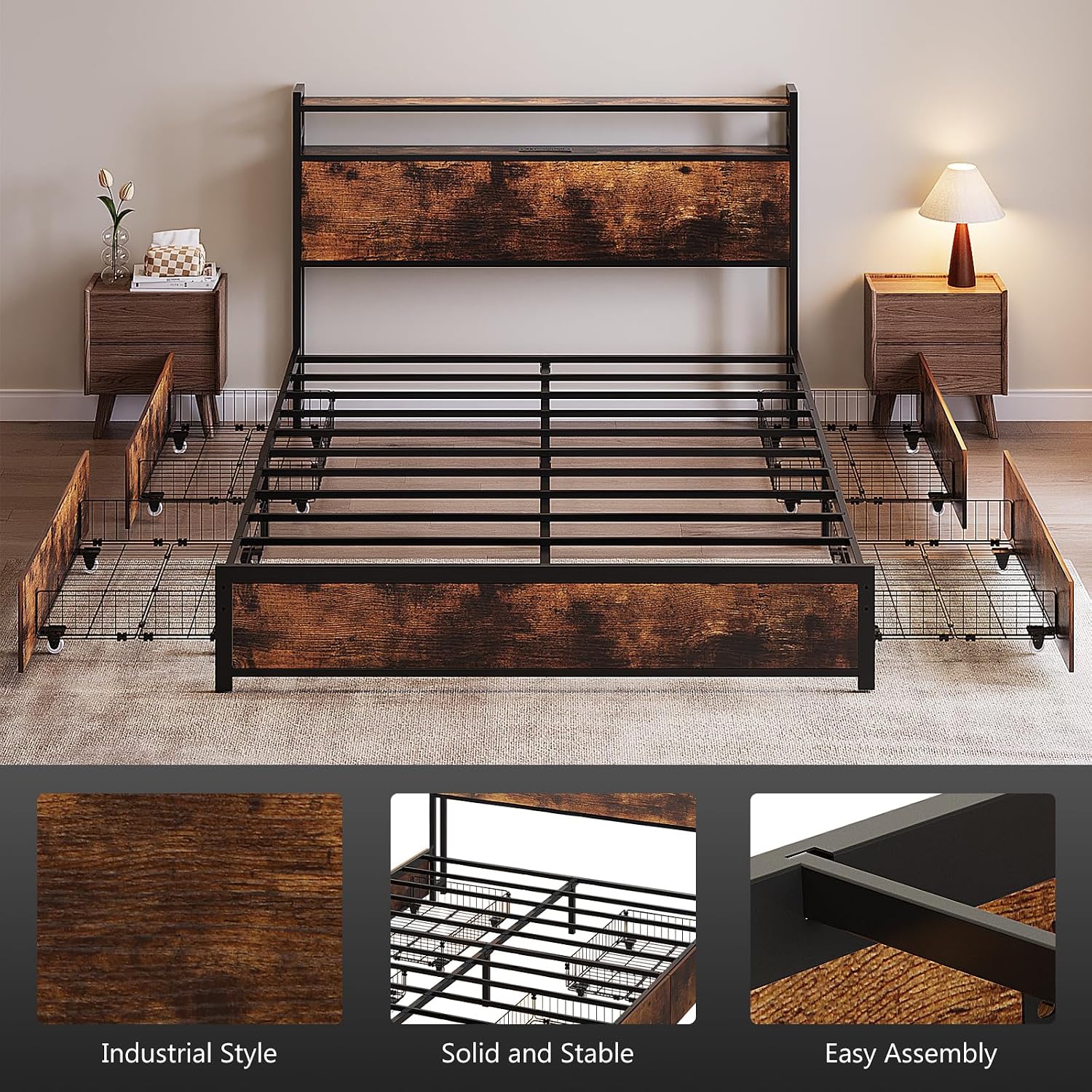 VINGLI Full Platform with 4 Storage Drawers and Headboard, Metal Double Bed with Charging Station and LED Lights, No Box Spring Needed, Noise Free, Easy Assembly, Vintage Brown