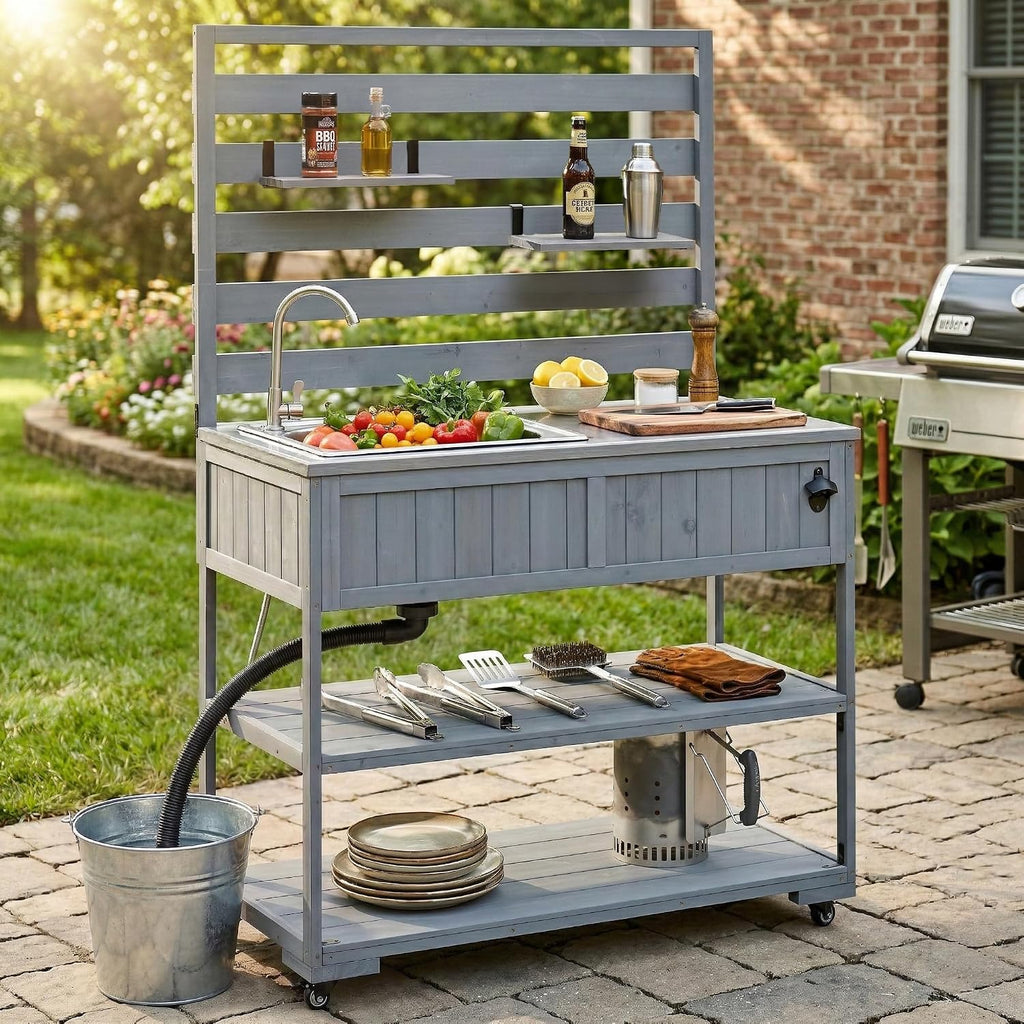 41.7'' Large Patio Rolling Kitchen Island,Solid Wood Kitchen Cart with Sink,Garden Potting Bench with Stainless Table Top,2 Movable Shelves and 1 Bottle Opener (Gray-RK)