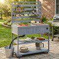 Outdoor Grill Cart with Sink - Solid Wood Kitchen Island with Stainless Steel Table Top, High Shelf, Storage Cabinets & Lockable Wheels, Mobile Potting Bench Table for BBQ & Garden (Grey + Blue)