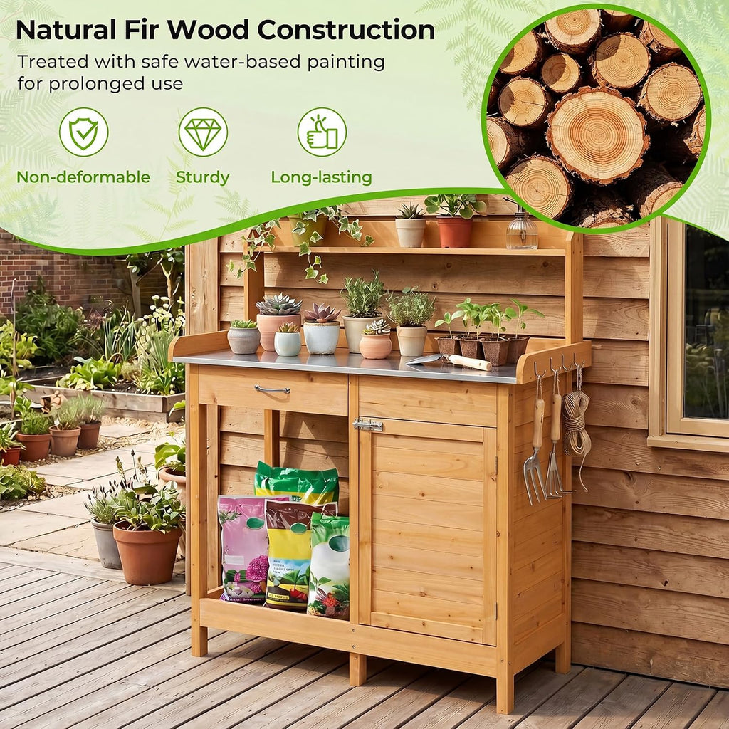 S AFSTAR Outdoor Potting Bench Table, Wooden Garden Work Station with Drawer, Storage Cabinet, Open Shelf, Side Hooks, Metal Tabletop Gardening Workbench, Potting Benches for Outside Backyard Balcony