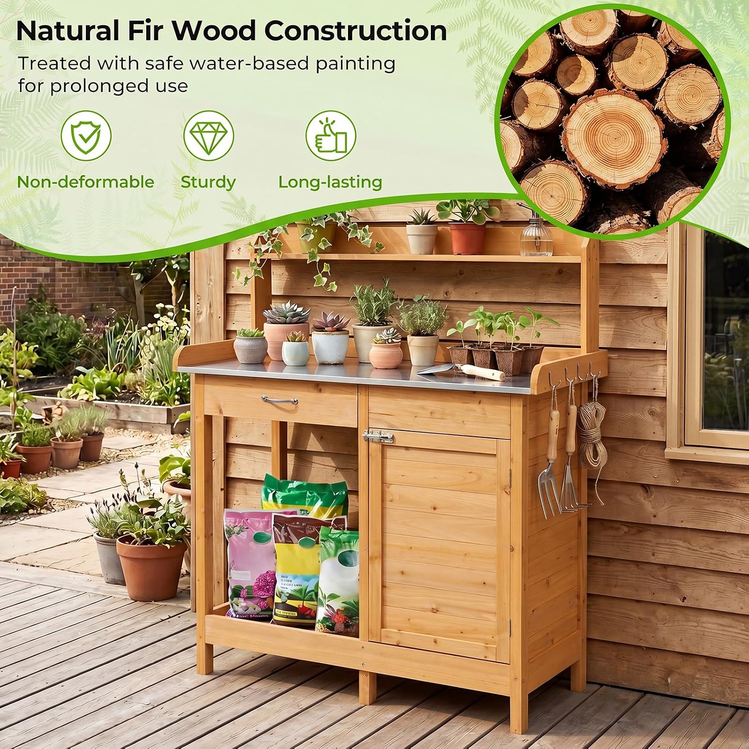 S AFSTAR Outdoor Potting Bench Table, Wooden Garden Work Station with Drawer, Storage Cabinet, Open Shelf, Side Hooks, Metal Tabletop Gardening Workbench, Potting Benches for Outside Backyard Balcony