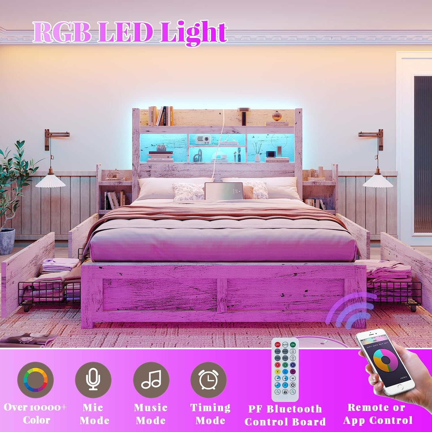LUXOAK Queen Bed Frame with 49.6' Bookcase Headboard & 4 Drawers & 2 Detachable Bedside Stoage Racks, Farmhouse Wood Bed Frame with RGB LED & Charging Station, No Box Spring Needed, Distressed White