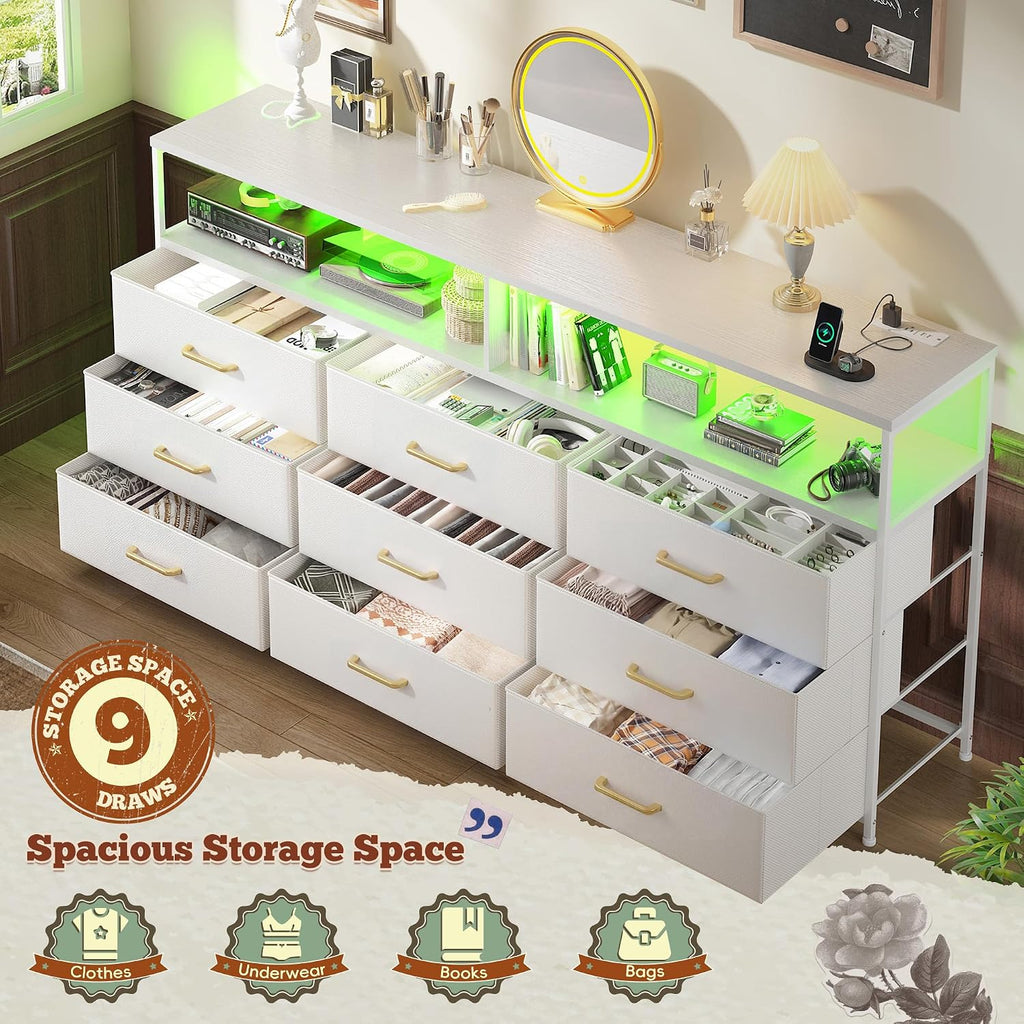 Romorgniz 55' W White Dresser for Bedroom with 9 Drawers LED TV Stand with Power Outlets for 45, 55, 65 Inch TV Sturdy Long Chest of Drawers with Extra 2 Wooden Shelves Steel Frame