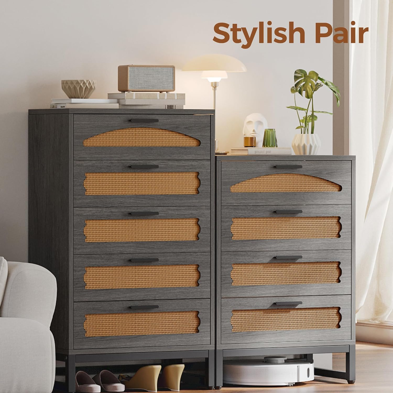 Mericonia 5 Drawer Rattan Dresser for Bedroom, Wood Tall Dresser for Closet with Metal Handles, Boho Nightstand Sets, Dressers & Chests of Drawers for Bedroom, Hallway and Entryway, Black