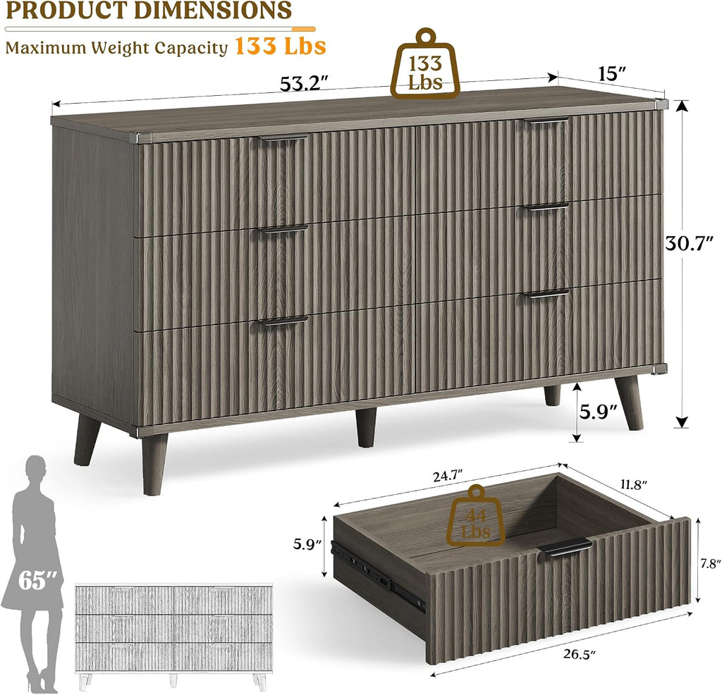 Lulive Wood Dresser for Bedroom with 6 Drawers, 53.2' Long Fluted Modern Chest of Drawers Storage Organizer, Dressers TV Stand for Living Room, Closet, Hallway (Dark Grey Oak)