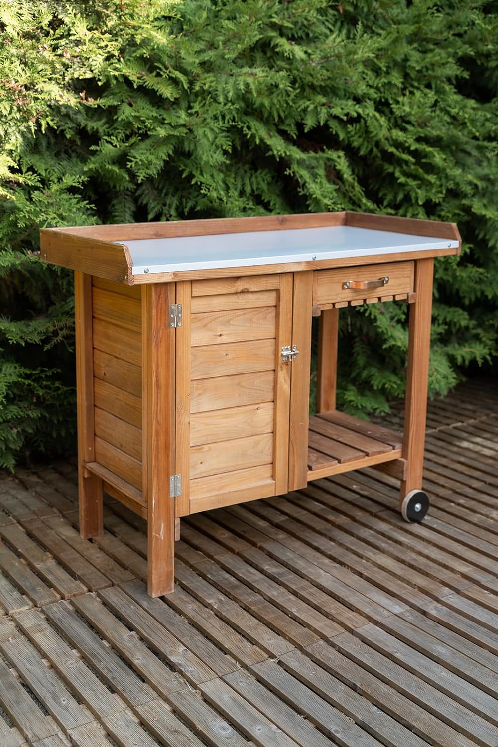 Gardener's Table with Tin Work Surface, Wheels, Cabinet, and Drawer, 42.5' L x 20.5' W x 35.5' H; 73 lbs